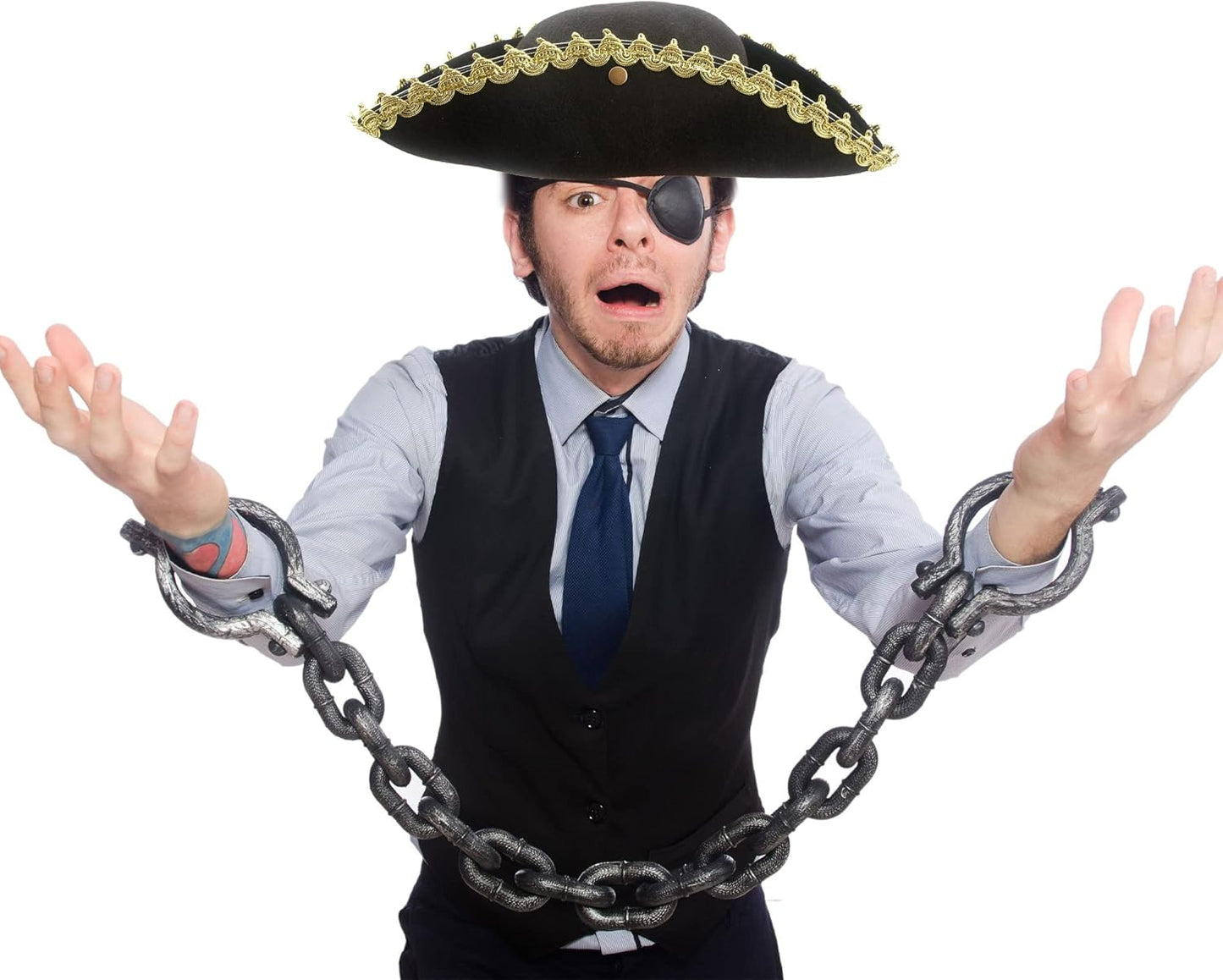 6 Pack Pirate Tricorn Hats Black Buccaneer Hat with Gold Trimming Pirate Captain Hat for Halloween Dress-up Party Supplies