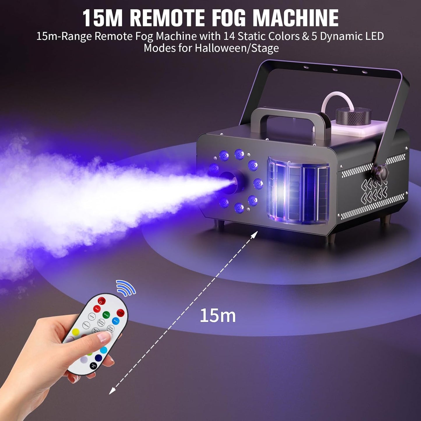 Fog Machine with 9 RGBW LED Lights, 1200W Professional Smoke Machine, 1L Tank, 3000CFM Output, 14 Colors for DJ Party Stage Wedding Halloween