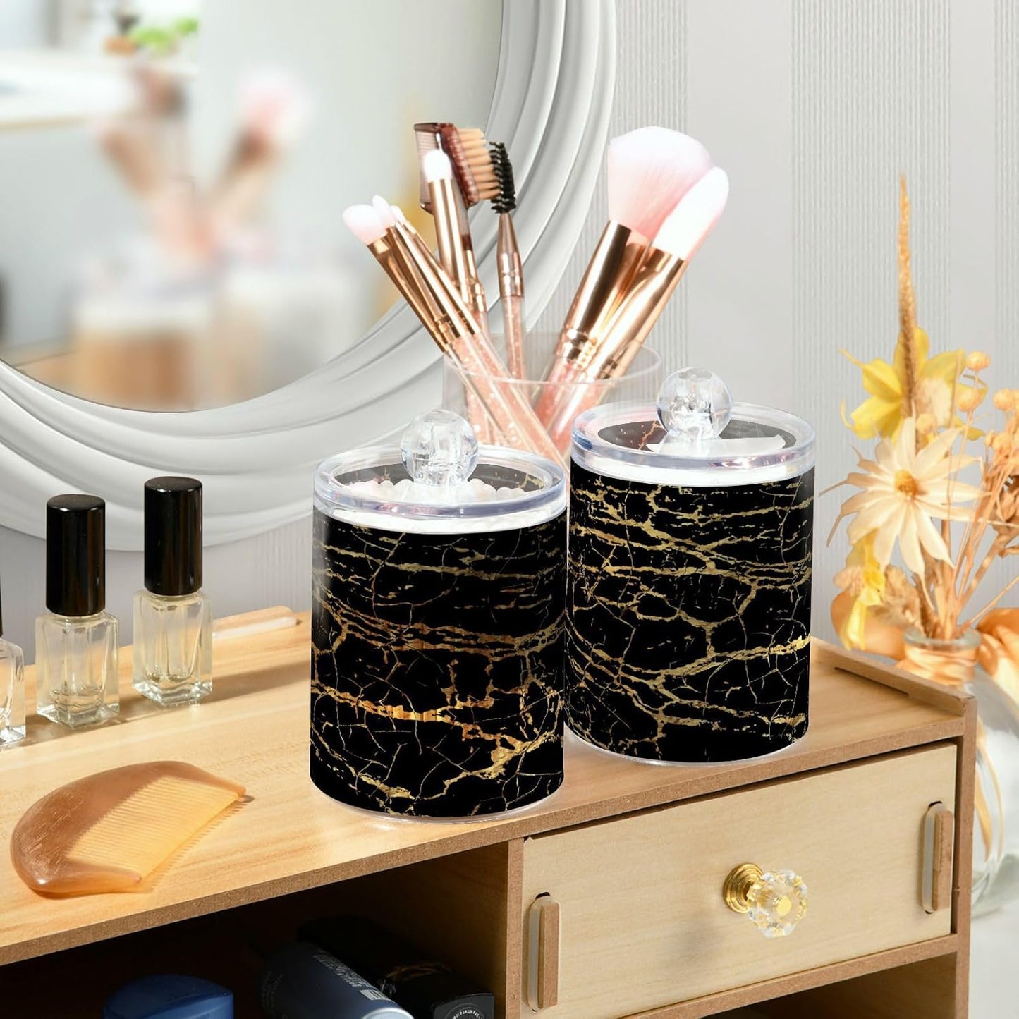 Qtip Holder Dispenser 2 Pack Gold Black Marbling Bathroom Decorative Storage Canister Holder Counter Vanity Organizer for Cotton Ball Swabs Pads Floss