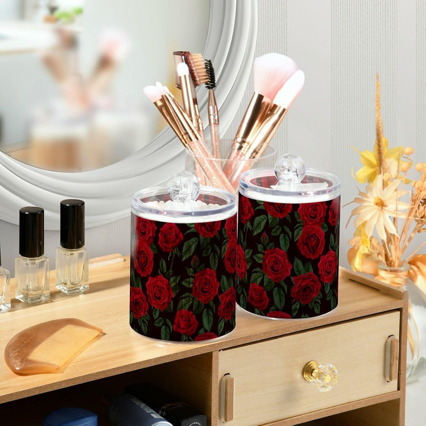 Gredecor Qtip Holder Dispenser 2 Pack Red Rose Flowers Leaves Bathroom Decorative Storage Canister Holder Counter Vanity Organizer for Cotton Ball Swabs Pads Floss