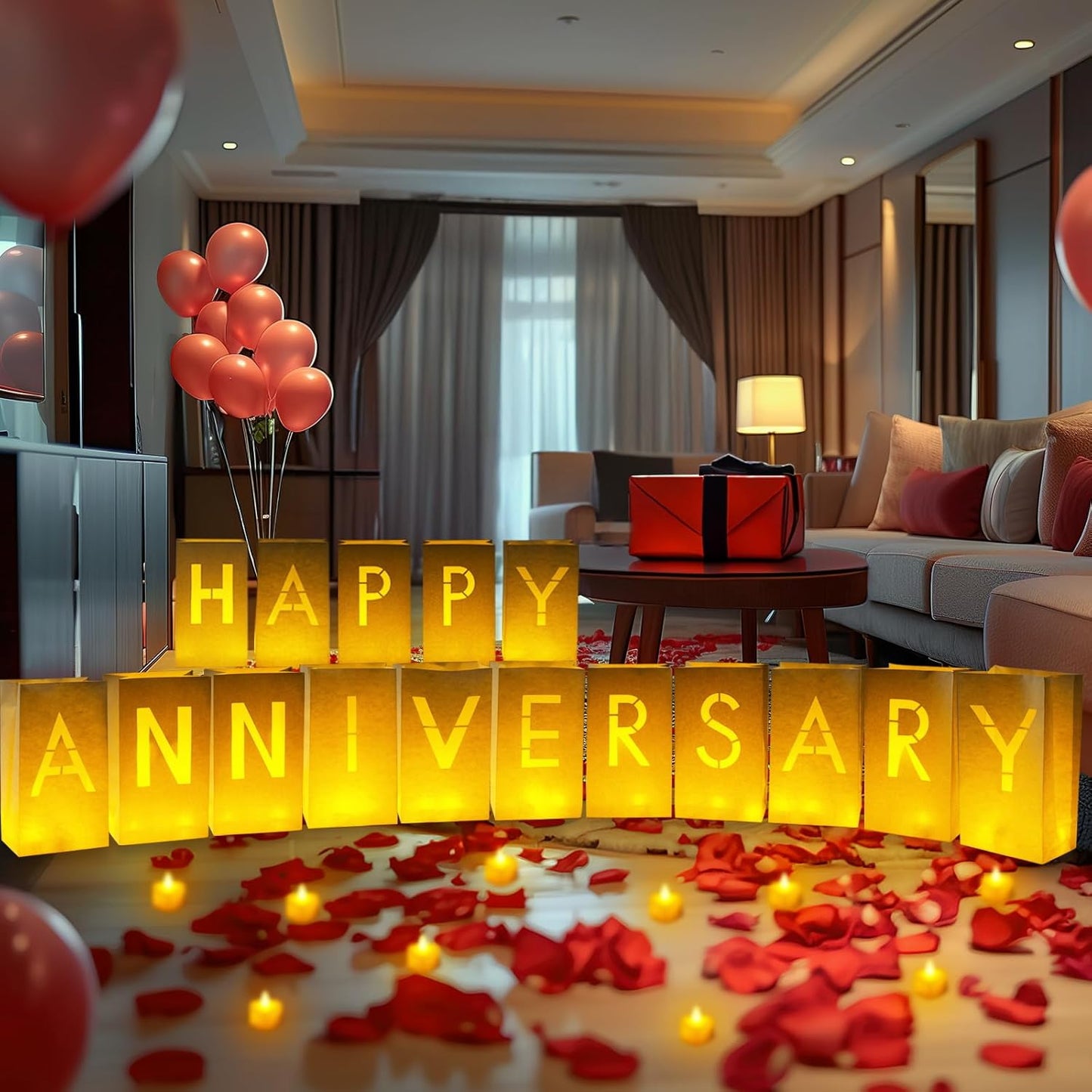 Homemory Happy Anniversary Decoration Light Up Letters with Flameless Candles and Fake Rose Petals, Valentine's Day Luminary Bags Happy Anniversary Sign Romantic Party Decor for Wedding