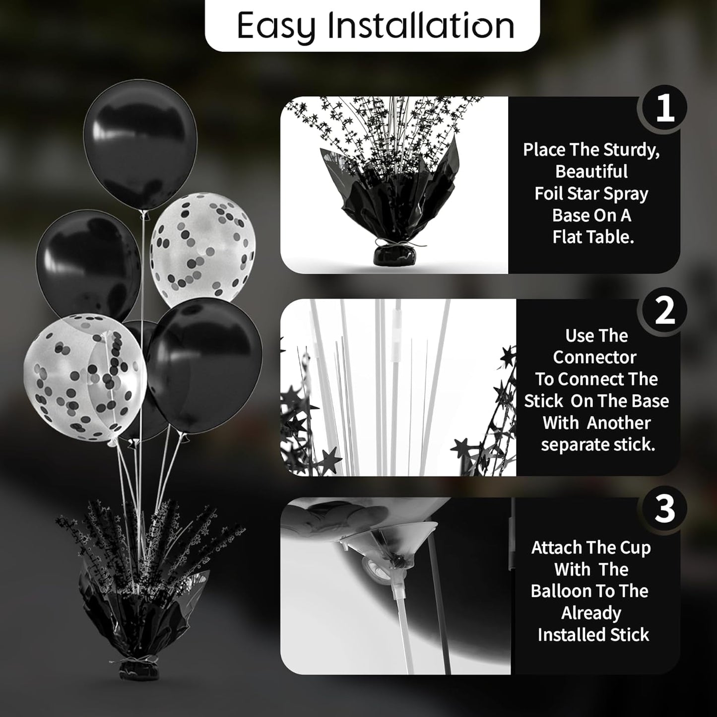 6 Set Black Balloon Table Centerpieces for Birthday Parties, Balloon Stand Kit with Black Balloons for Table Decoration