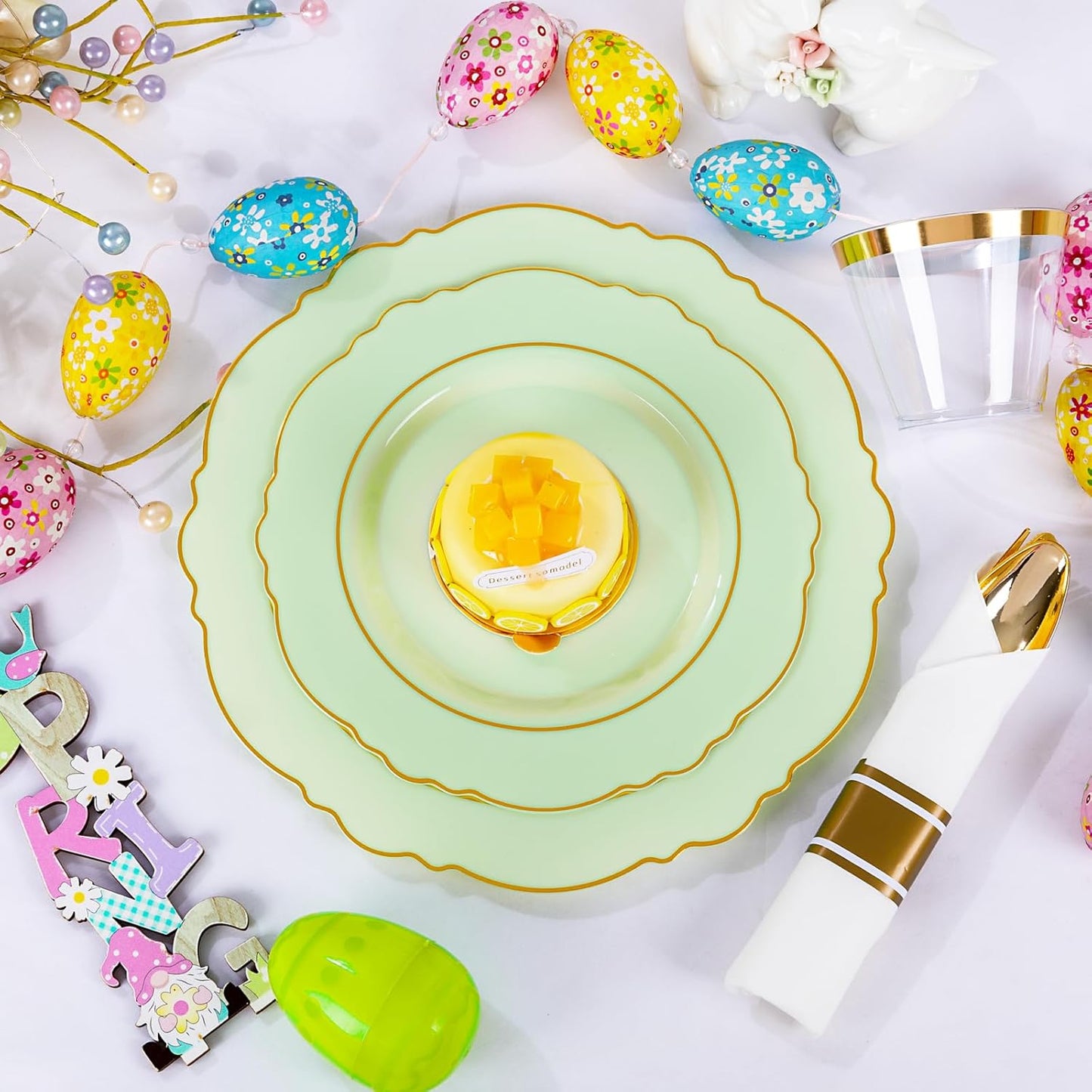 Liacere 350PCS Light Green Plates - Disposable Green and Gold Plastic Plates 50guest Baroque Dinnerware include 100Plates,50Pack Pre Rolled Napkins with Silverware 50Cups for Mother's Day