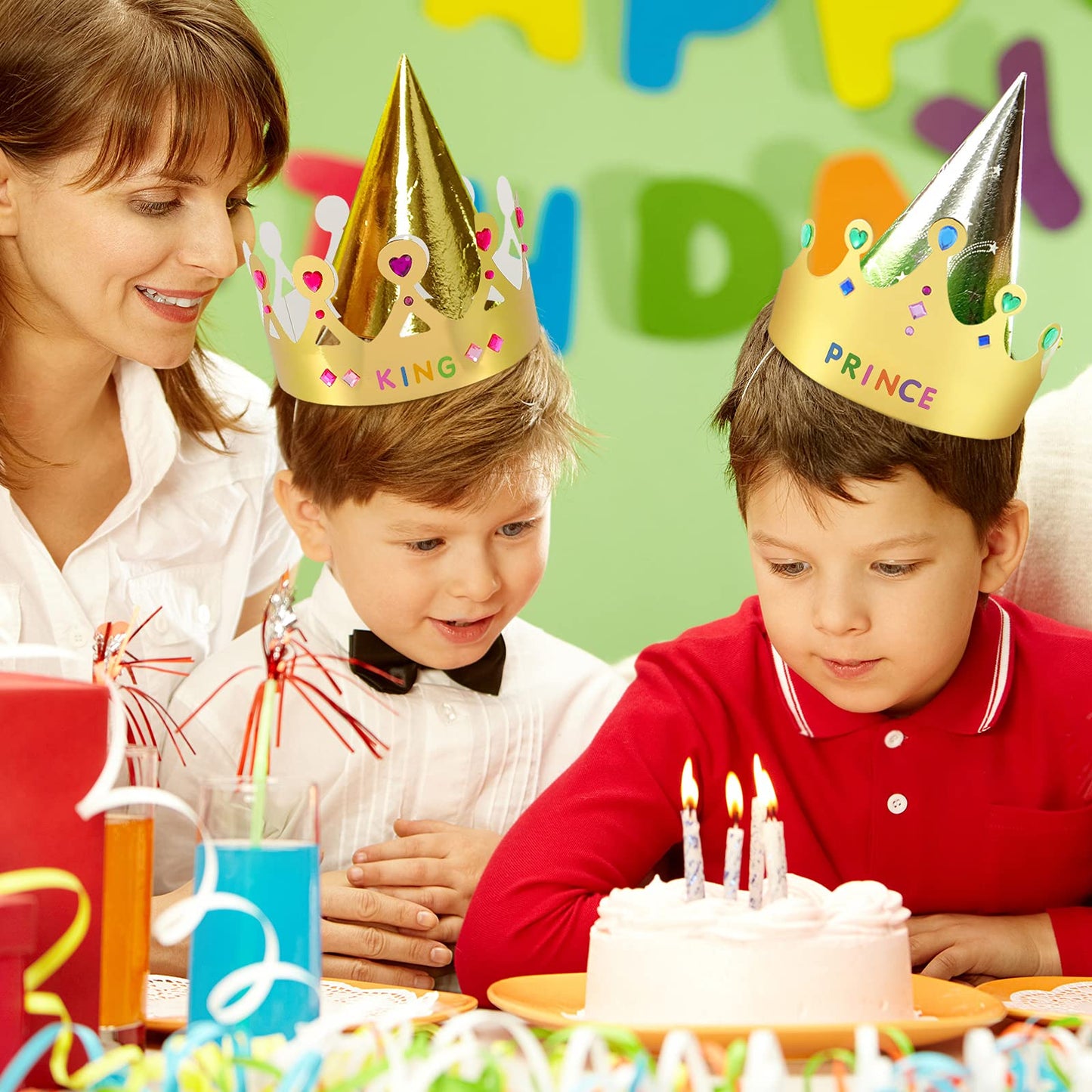 Chinco 34 Pcs DIY Gold Paper Crown for Kids Birthday Party with Gem Sticker