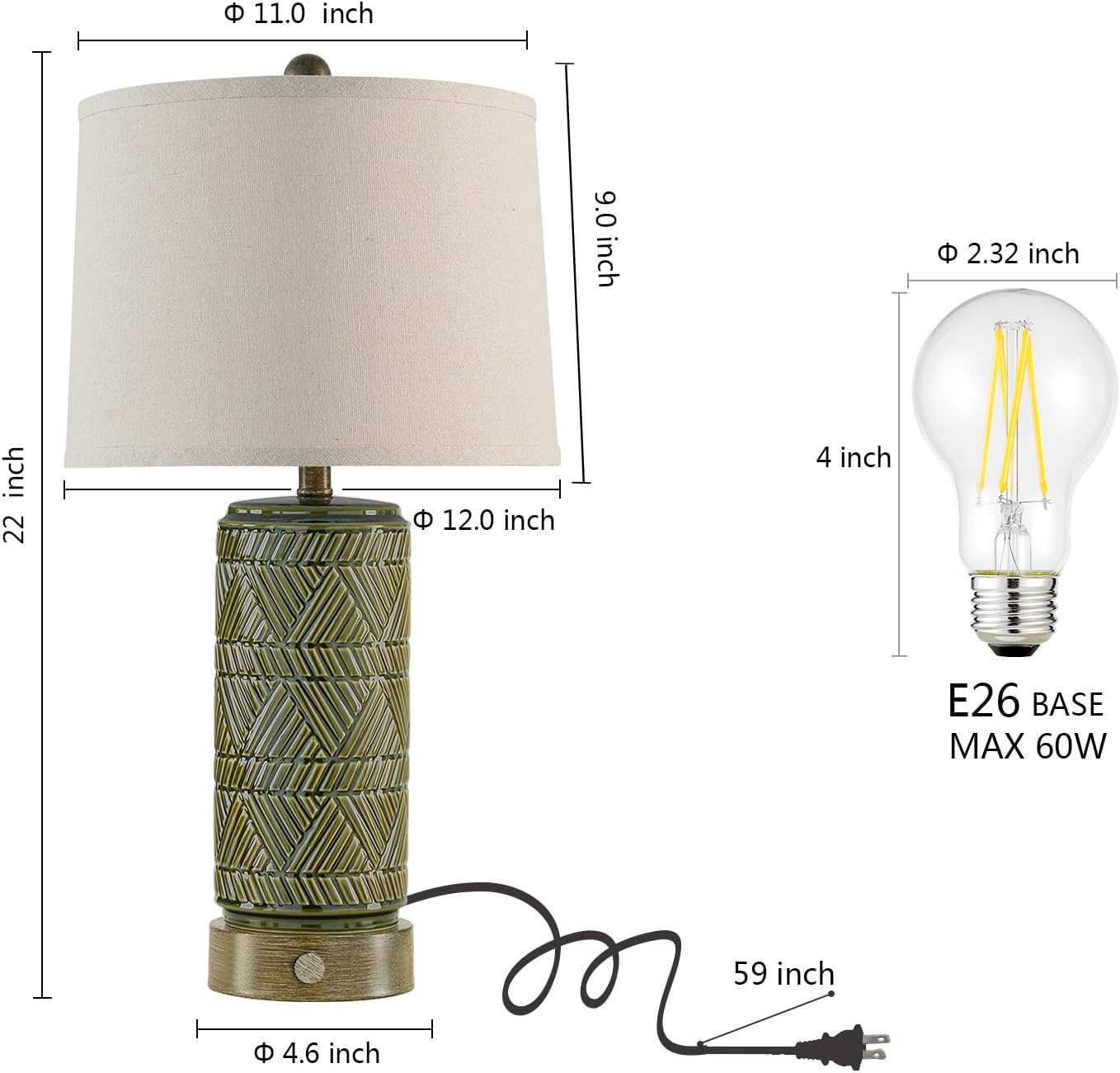 RORIA Set of 2 Retro Touch Table Lamps for Living Room Bedroom, 3 Way Dimmable Nightstand Lamp with 2 USB Port, Farmhouse Rustic Ceramic Desk Lamps for End Table Bedside, LED Bulbs Included