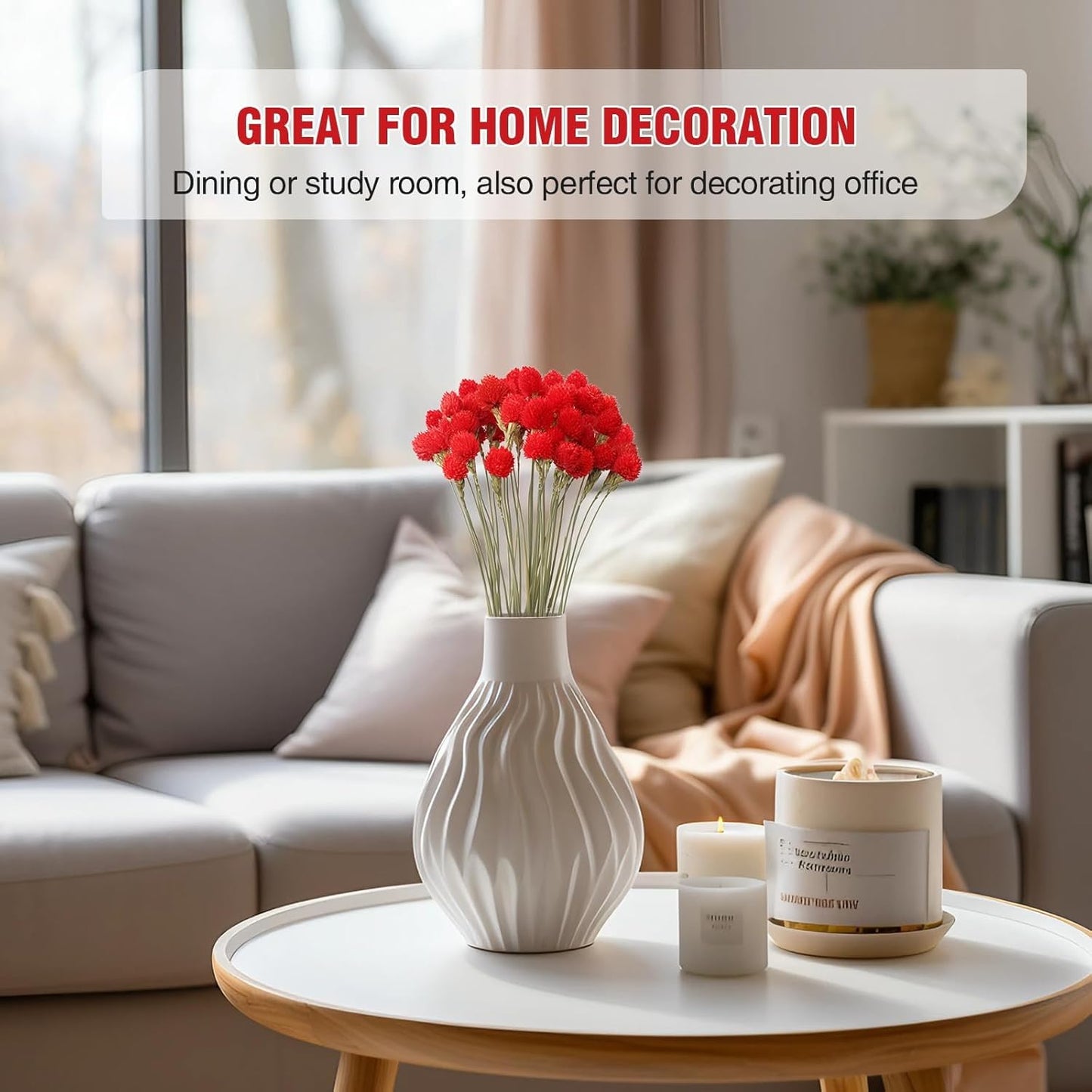 Dried Globe Amaranth Flower with Wheat Straw 40PCS Bouquet for Vase Home Decor Party DIY Arrangement(Bright Red)