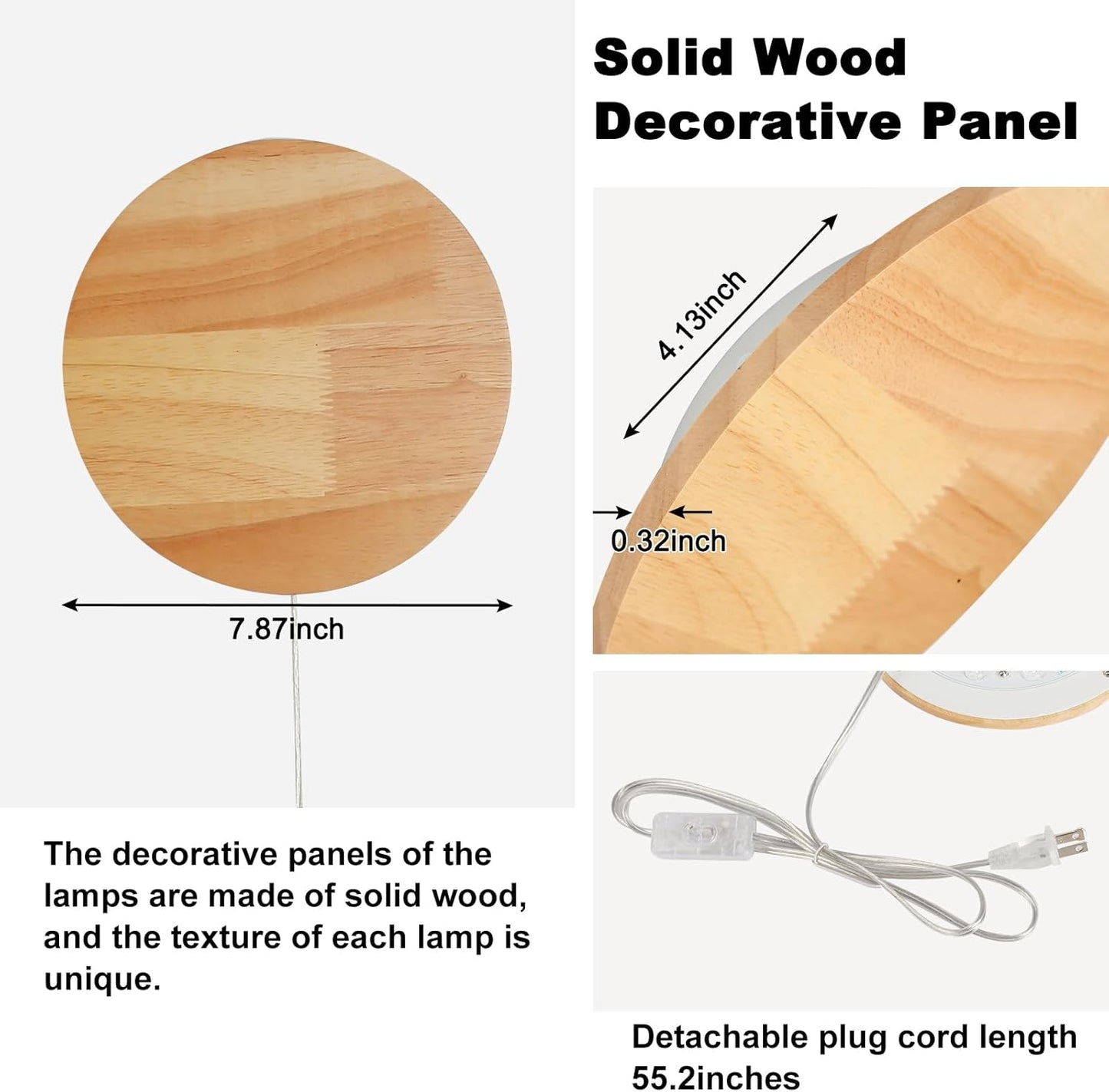 Modern Minimalist Plug in Wall Sconces, Plug-in Or Cordless 7.9'' Round Wood Backlight LED Wall Lamp, 12W, 1300LM Warm White Brightness Wall Light Fixtures for Bedroom, Living Room Wall Décor