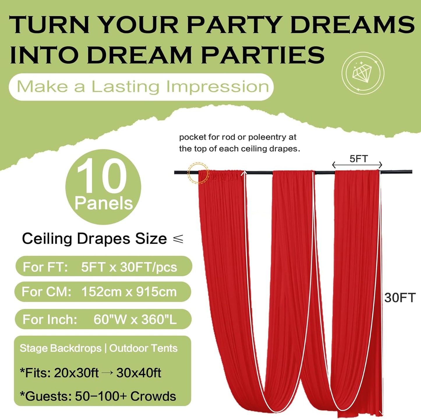 PartyVillage 10 Panels 5ftx30ft Red Ceiling Drapes for Wedding Parties โ 30 FT Extra Long Thick Polyester Wrinkle-Free Drapery Tent Decor Decorations for Birthday Party Ceremony Stage Swag