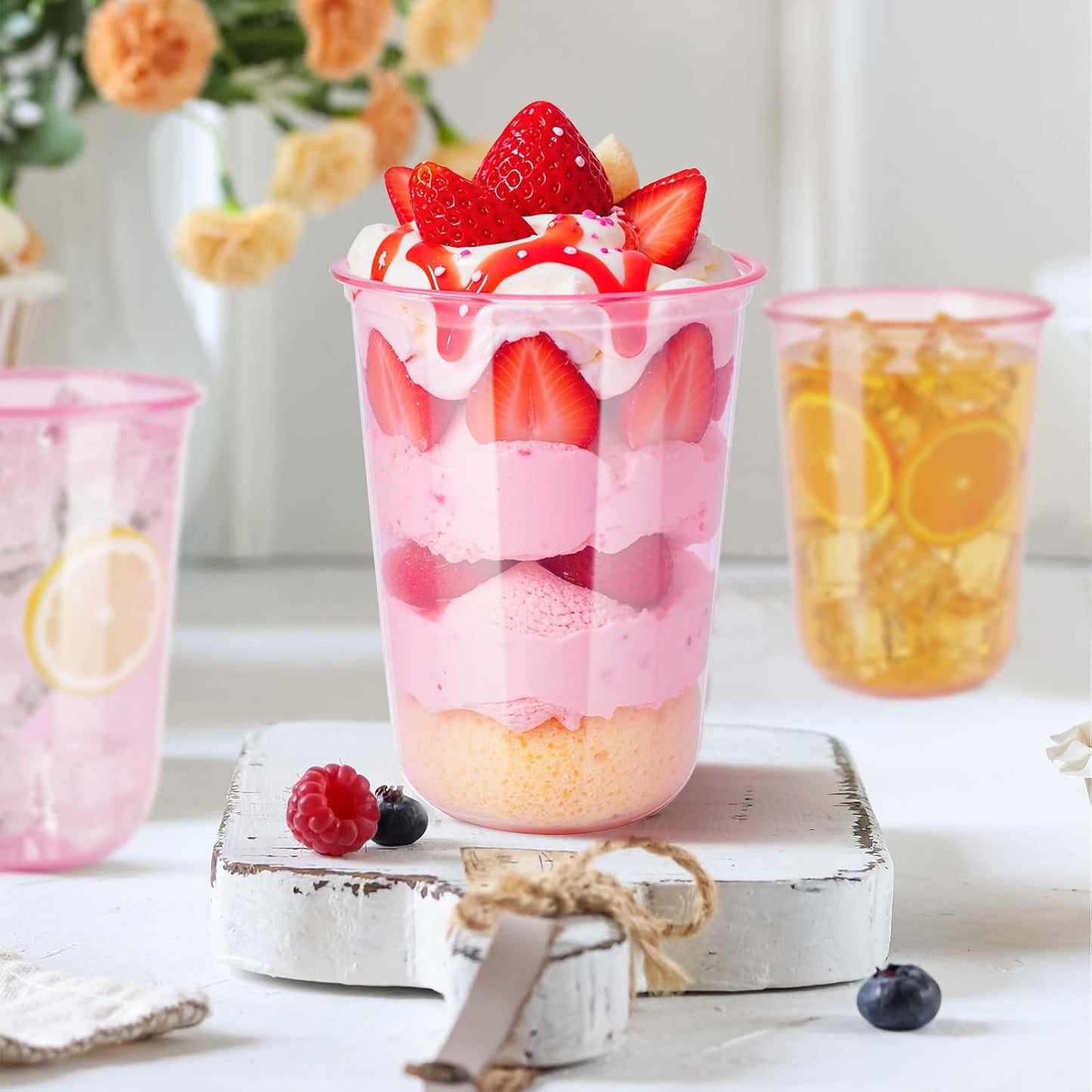 60 Pcs Disposable Stemless Clear Glasses 16 oz NATURAL Arc Crystal Plastic wine glasses Clear Classic Pet Cup for Meeting Weddings Birthdays Cocktail Christmas Party Supplies