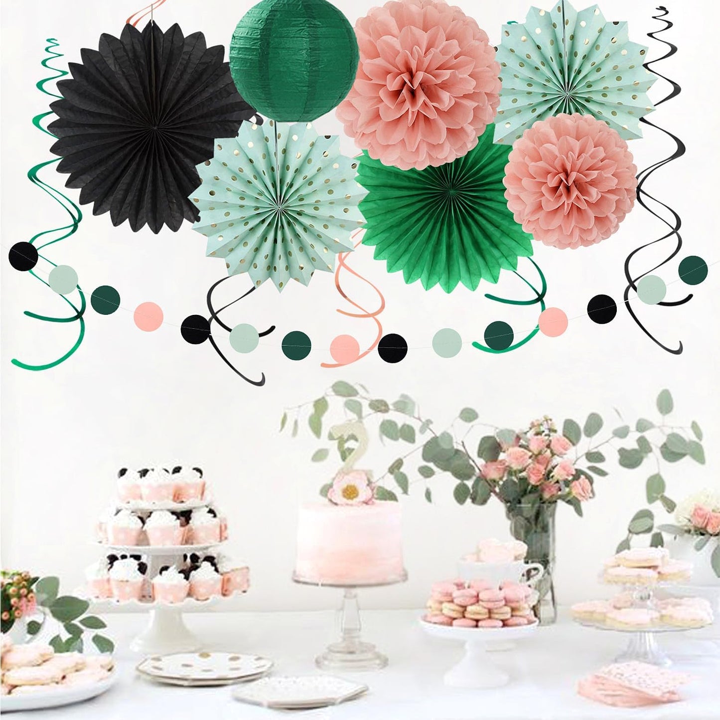 Sage-Green Blush-Pink Black Birthday Party-decorations - 21pcs Girls Woman Happy Banner Garland, Paper Streamers Lanterns,Flower Tissue Pom Poms Fan Supplies,Wall Backdrop Decor Huglony
