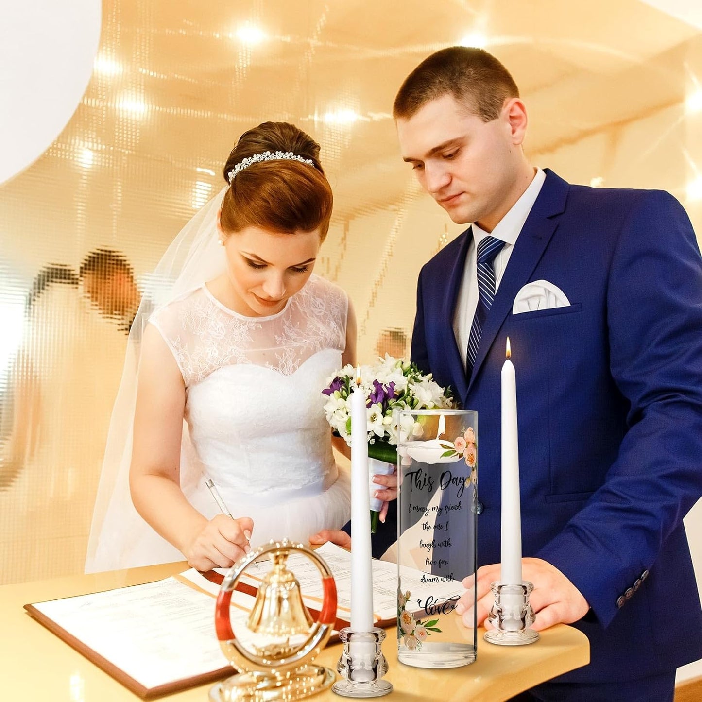 Irenare Unity Candles with Holder for Wedding Ceremony Wedding Decortions Accessories Glass Candle Holder Pillar Candle for Formal Events Church(Fresh Style)