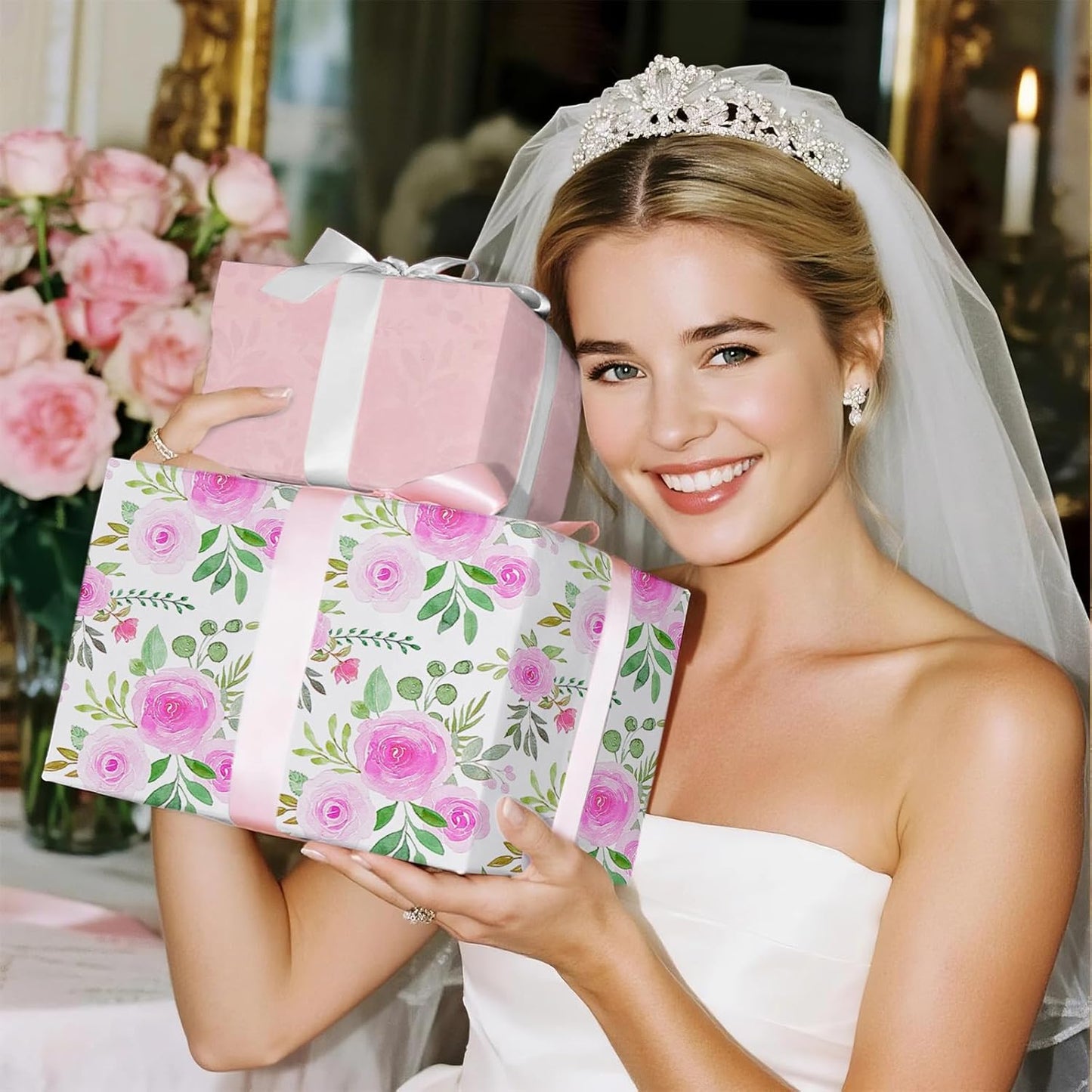 RUSPEPA Reversible Floral Wrapping Paper Roll, Mini Roll, Pink Rose Blossom Design and Pink Solid Color, Elegant Gift Wrap for Birthday, Wedding, Mother's Day, Bridal Shower, 17 Inches x 16.4 Feet