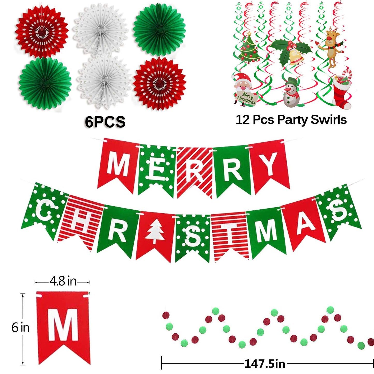 FECEDY Merry Christmas Banner Paper Fan Flower Circle Confetti Dots Hanging Garlandand Swirl