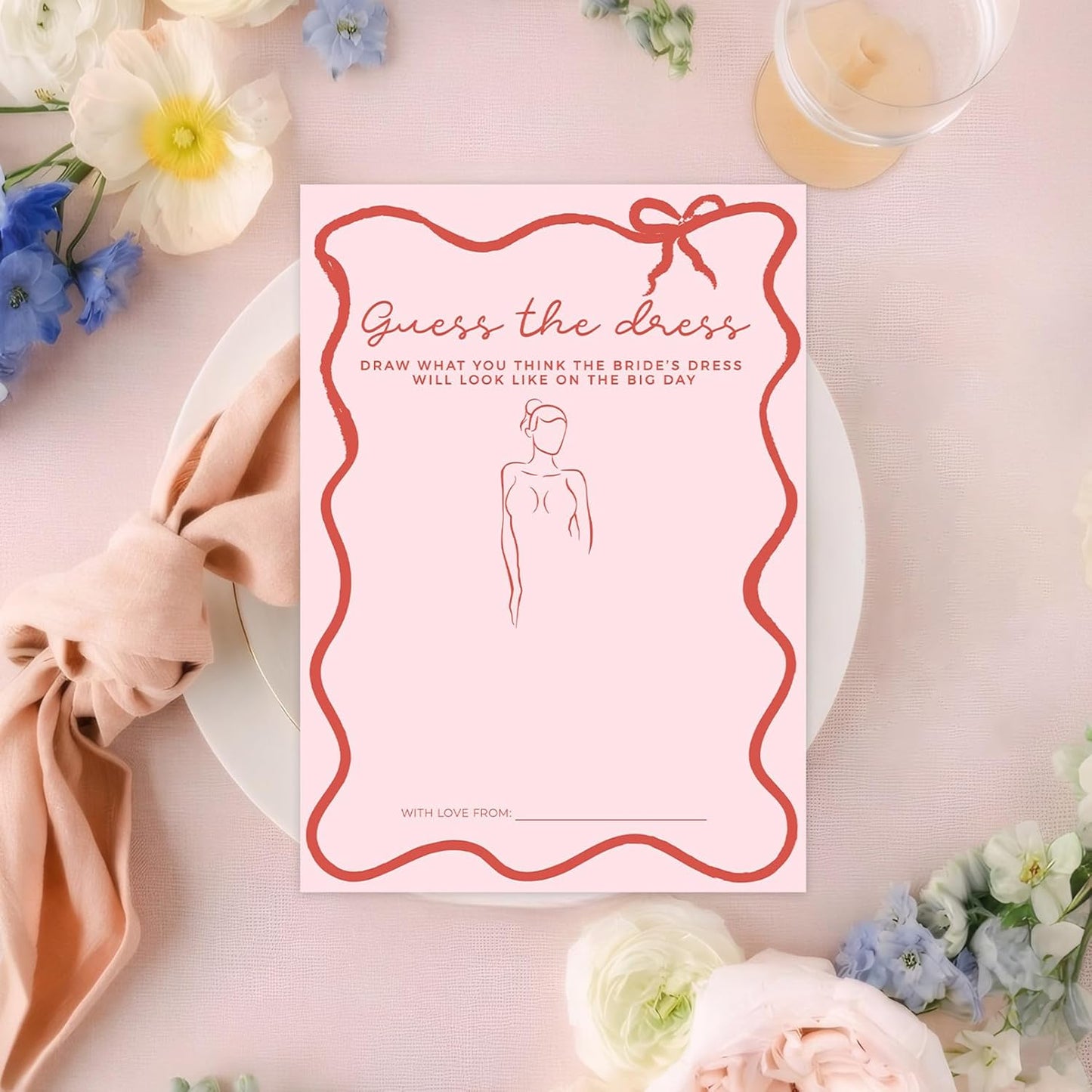 DEEKA 30 PCS Bridal Shower Games Card for 30 Guests Pink Wavy Border Ribbon Bow Funny Wedding Bachelorette Party Games for Reception (Guess The Dress)