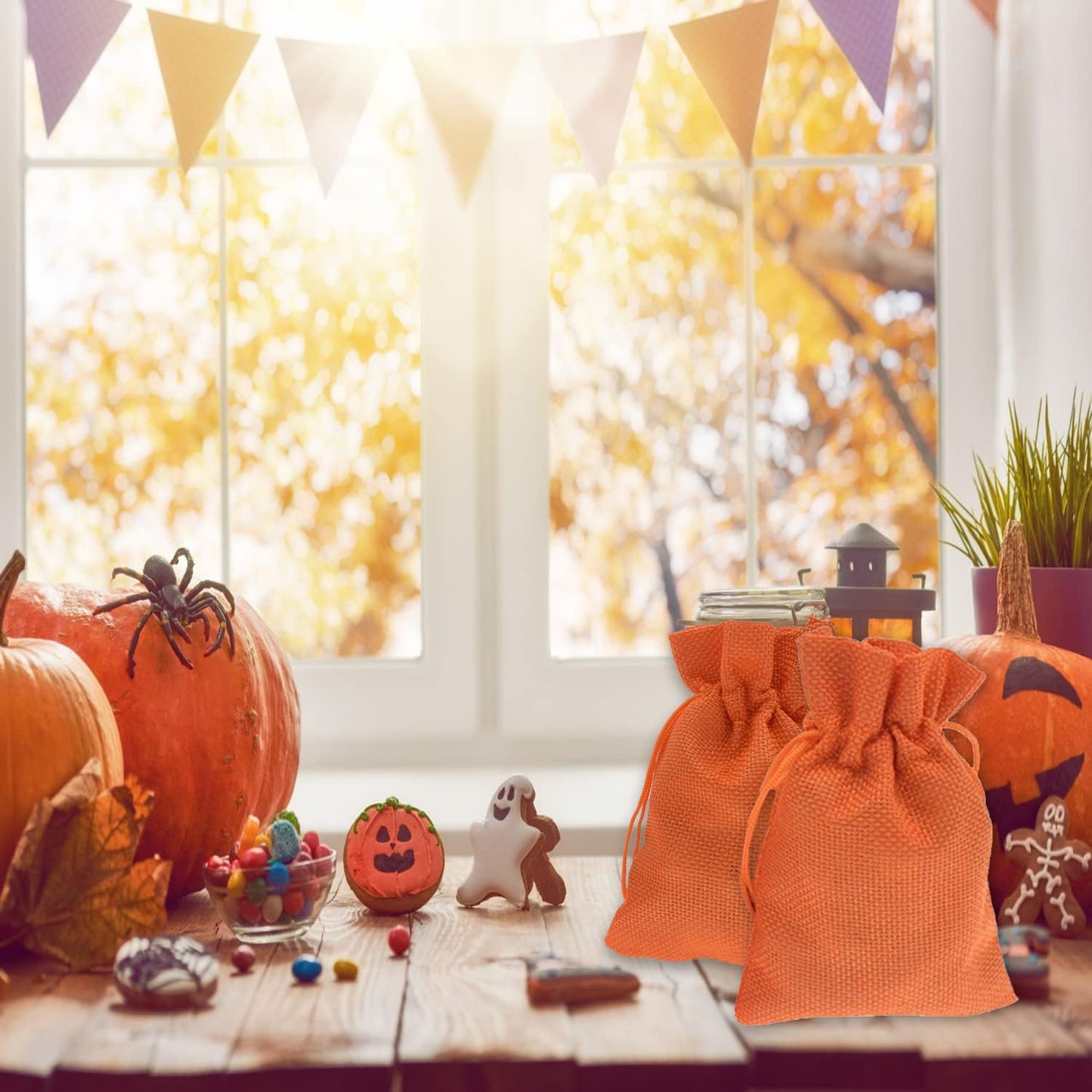 20Pcs Burlap Gift Bags 2.7 x 3.5 inch, Orange Jute Drawstring Bags for Halloween Party Favors, Jewelry Candy Pouches, Arts Crafts