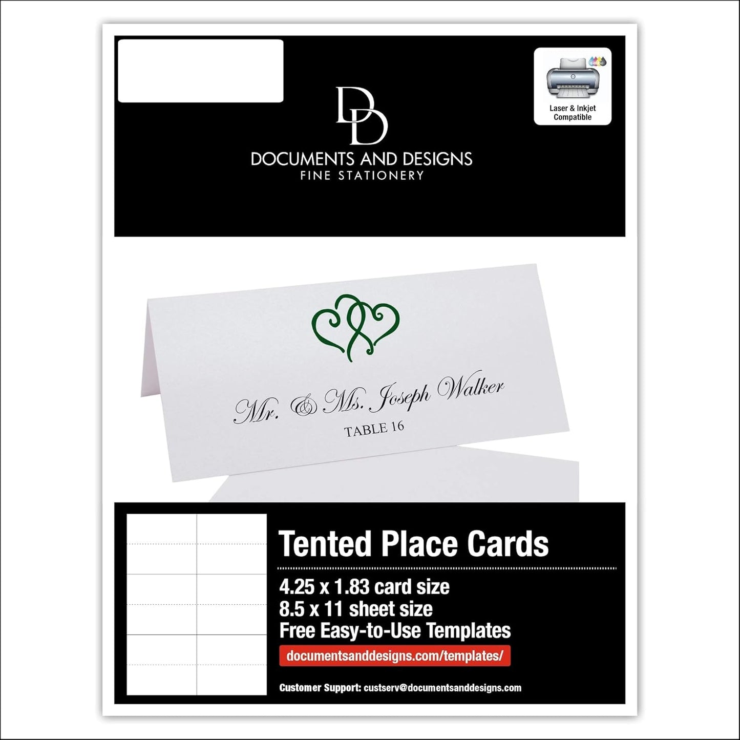 Linked Hearts Printable Place Cards, Hunter Green (Choose Color), Set of 60 (10 Sheets), Laser & Inkjet Printers - Wedding, Party, Dinner, and Special Events - Made in the USA