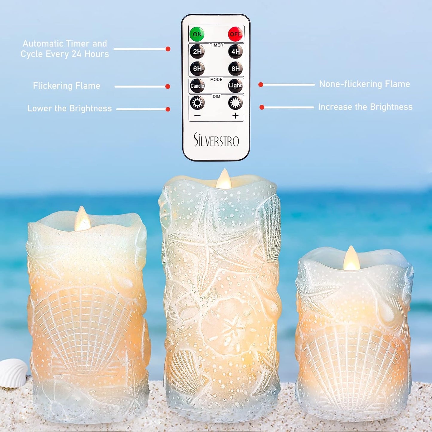 Silverstro Ocean Flameless Candles Remote Carved Seashell Real Wax Flicker Battery Operated Candles for Home Party Wedding Nautical Thanksgiving Christmas Easter Decor - Set of 3(Blue)