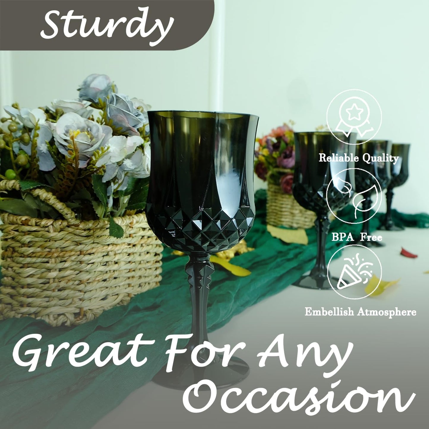 Plastic Wine Glasses,Plastic Goblets Vintage Style Cordial Drinking Glasses for Wedding Reception, Halloween Grand Event Party Supplies (24, Black)