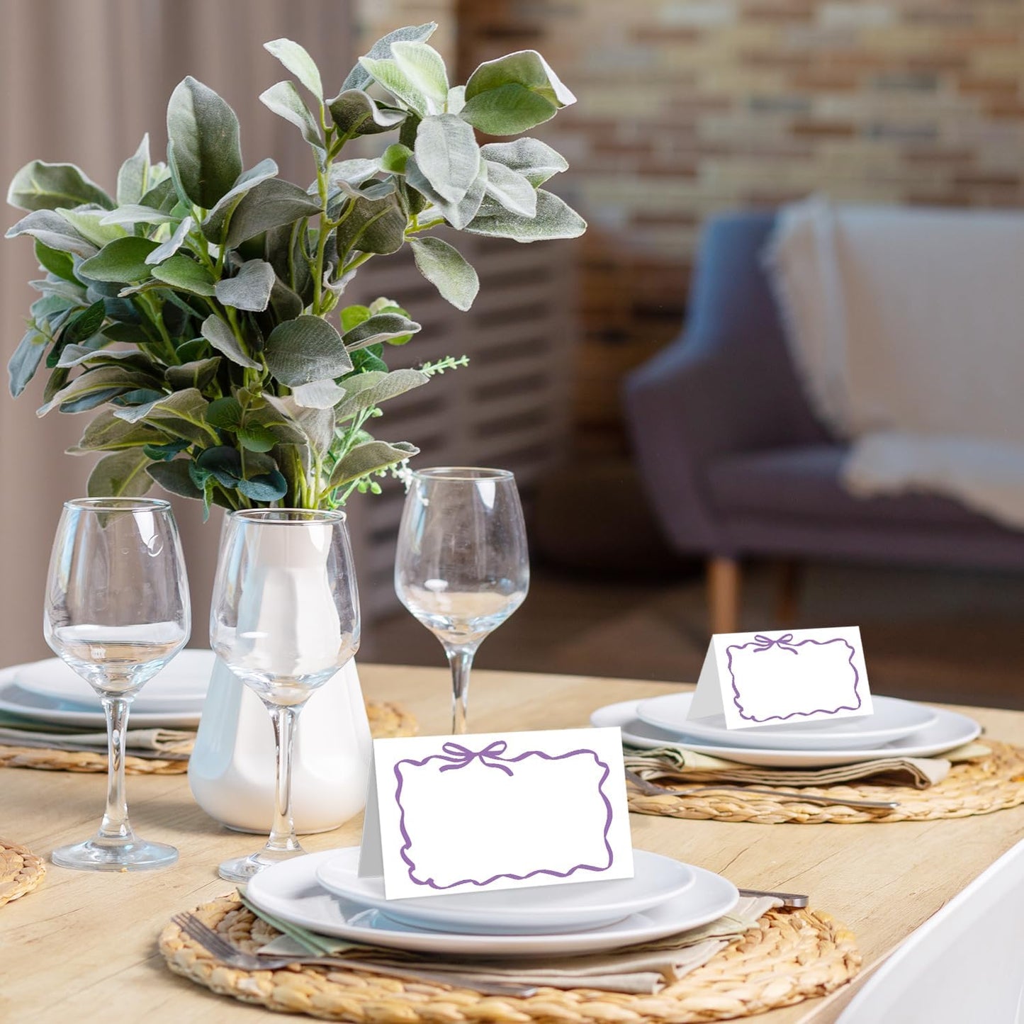 25 Pack Purple Bow Wave Place Cards, Editable Name Cards for Table Setting, Tent Cards Food Label for Dinner Party, Bridal Shower, Wedding, Baby Shower and Events -T16