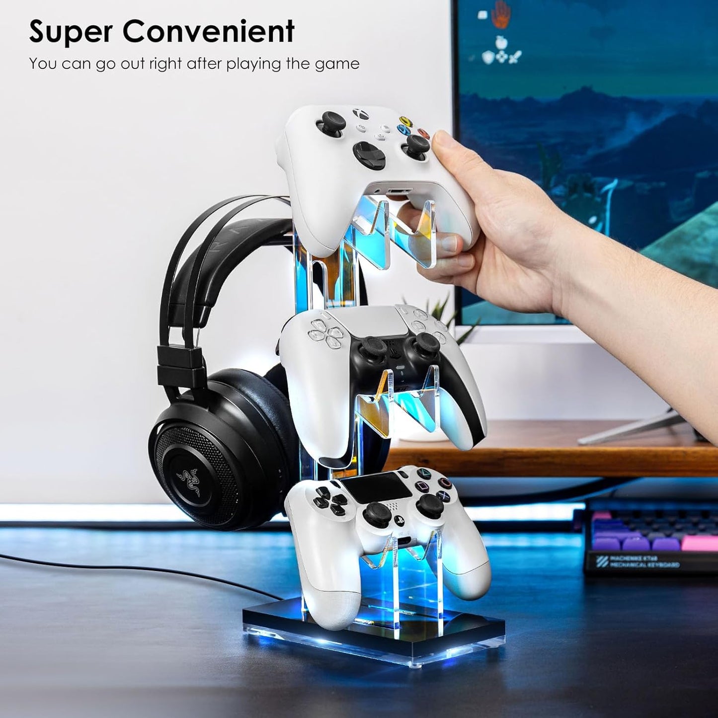 OAPRIRE Controller Holder Headset Stand with Lights, 3 Tier Acrylic Gaming Controller Stand for PS4, PS5, PC, Switch, Universal Design (Black)