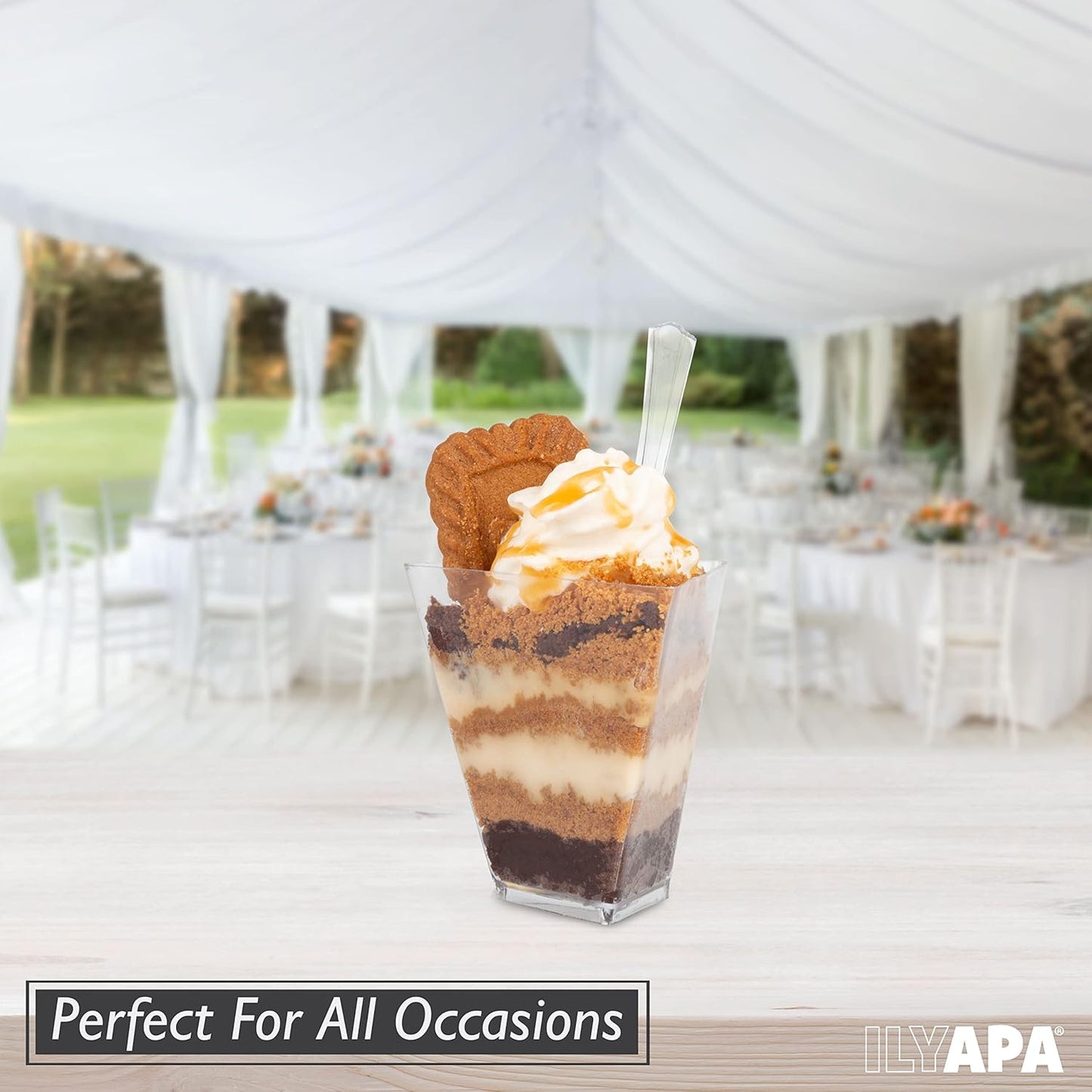 Ilyapa 3oz Plastic Dessert Cups - 100 Pack Mini Dessert Cups with Spoons - Clear Reusable Small Appetizer Cup for Cheesecake Shooters, Chocolate Mousse - Party and Catering Supplies - Triangle