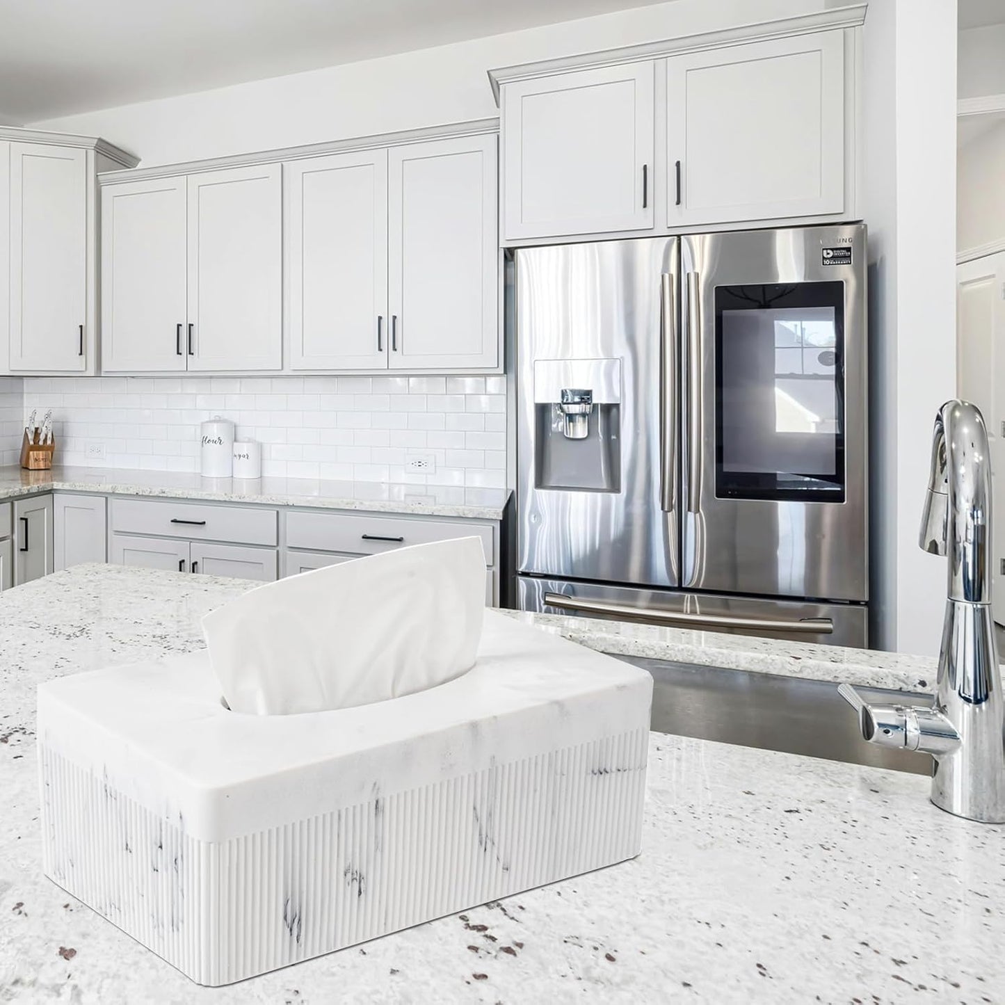 Marble Tissue Box Cover, Rectangular Napkin Facial Tissues Holder for Home Office, Hand Poured Marble Tissue Box Holder, 10 x 5.7 x 3.7 inches, White