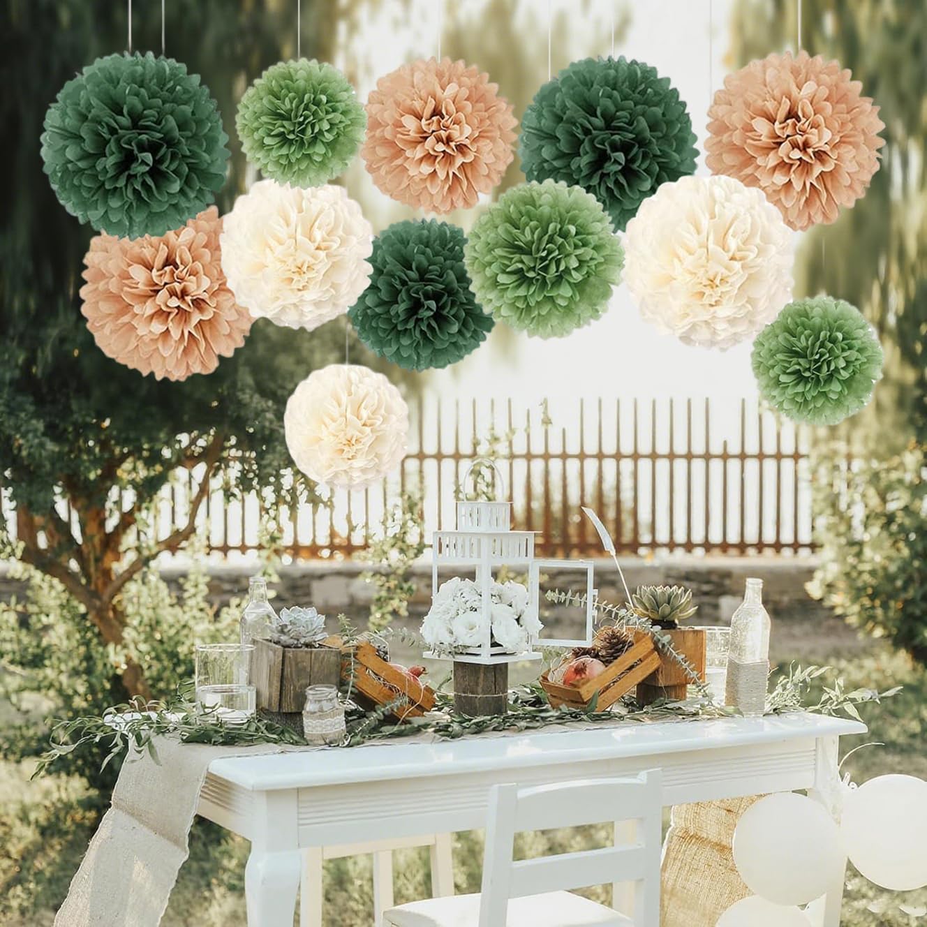 Capesaro Olive Sage Green 12PCS Paper Pom Poms Party Decorations for Natural Green Boho Safari Jungle Party,Hanging Tissue Paper Flowers for Engagement,Wedding,Baby Shower