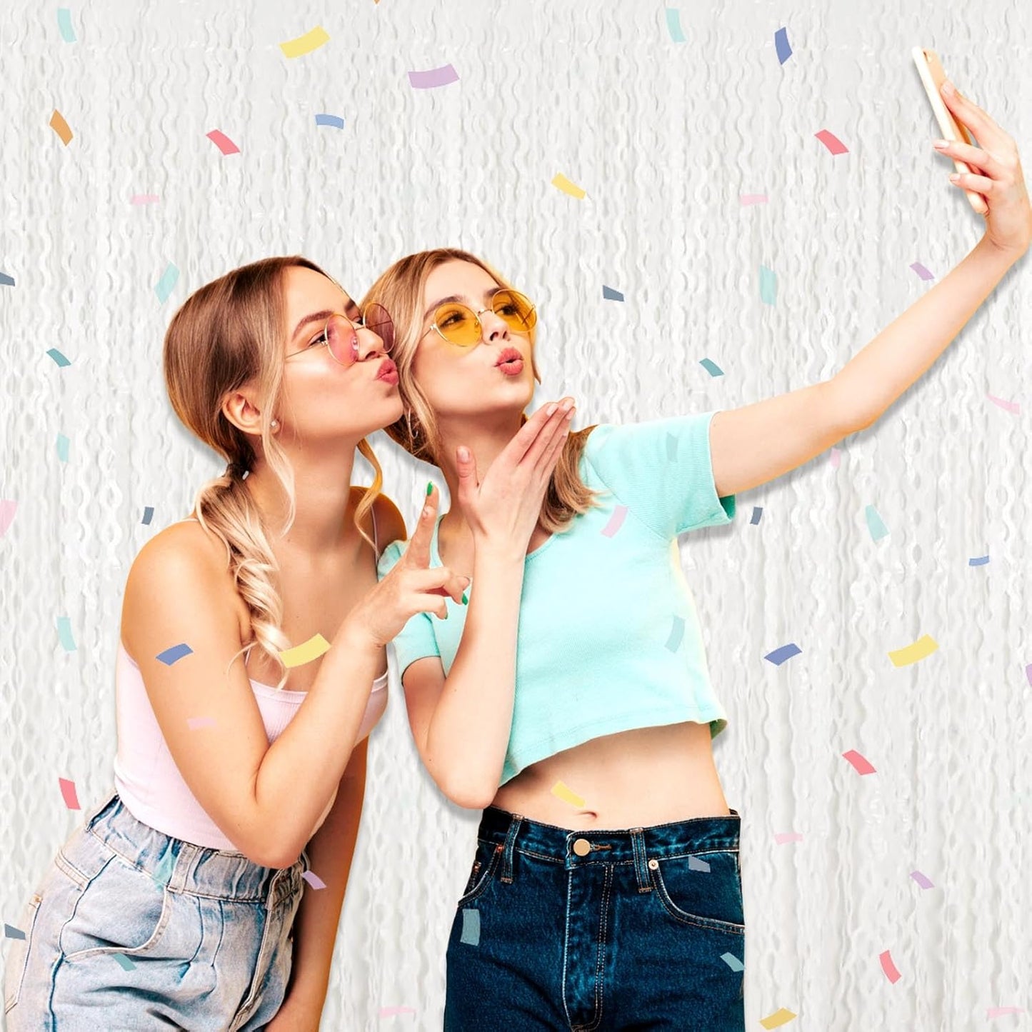 4 Pack Macaron White Wave Foil Fringe Curtain Backdrop, 3.28Ft x 8.2Ft Metallic Tinsel Foil Fringe Streamer Curtains for Photo Booth, Mother's Day, Easter, Birthday, Wedding Party Decoration