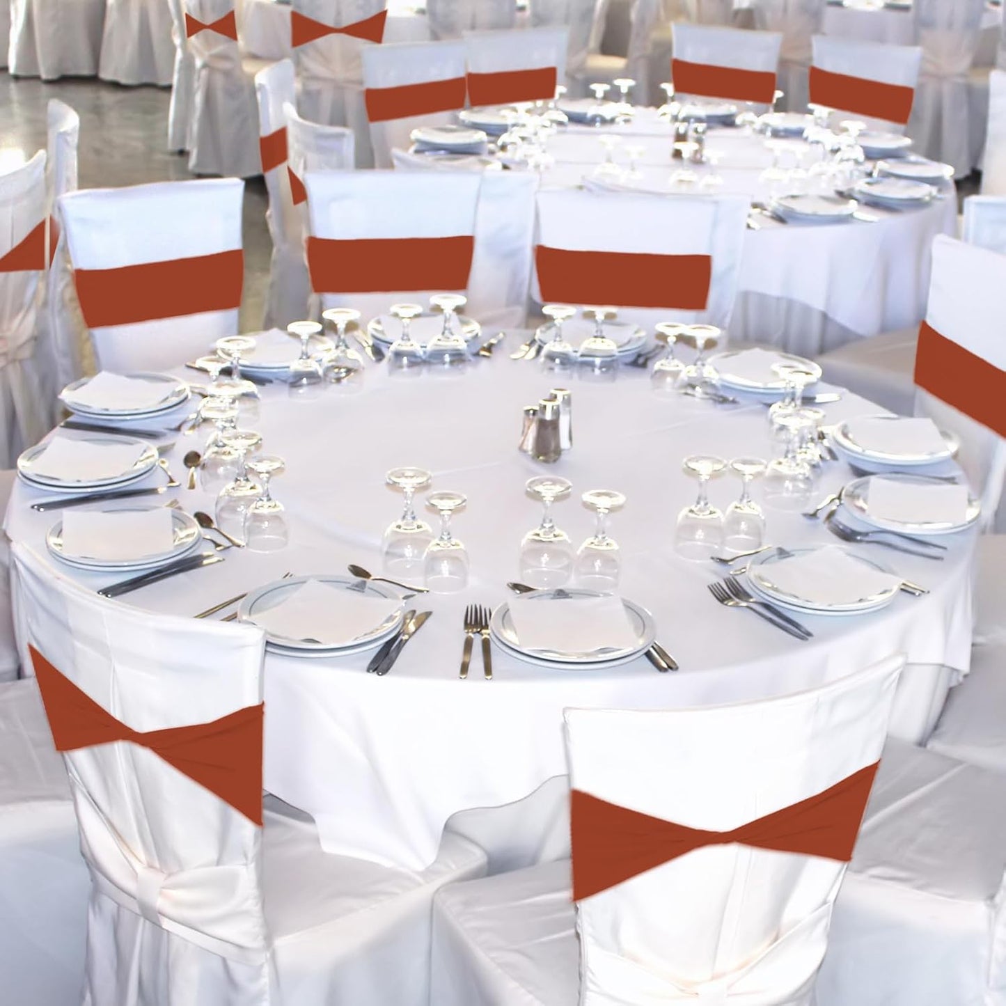 Kinlop 50 Pcs Spandex Chair Sashes Bows Chair Bands Slider Sashes for Covers Elastic Bands Ties Without Buckle Decorations for Wedding Party Events Ceremony Birthday(Terracotta)