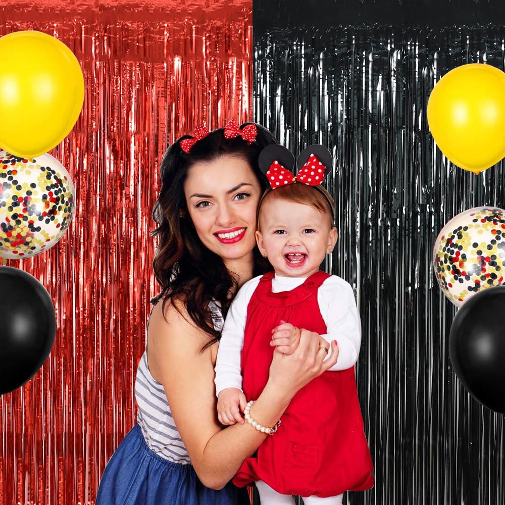 BEISHIDA 4 Pcs Red and Black Door Streamers Foil Curtain Red and Black Party Decoration Backdrop for Casino Theme Scream Halloween Supplies Graduation Birthday Party Decorations (3.28 ft x 6.56 ft)