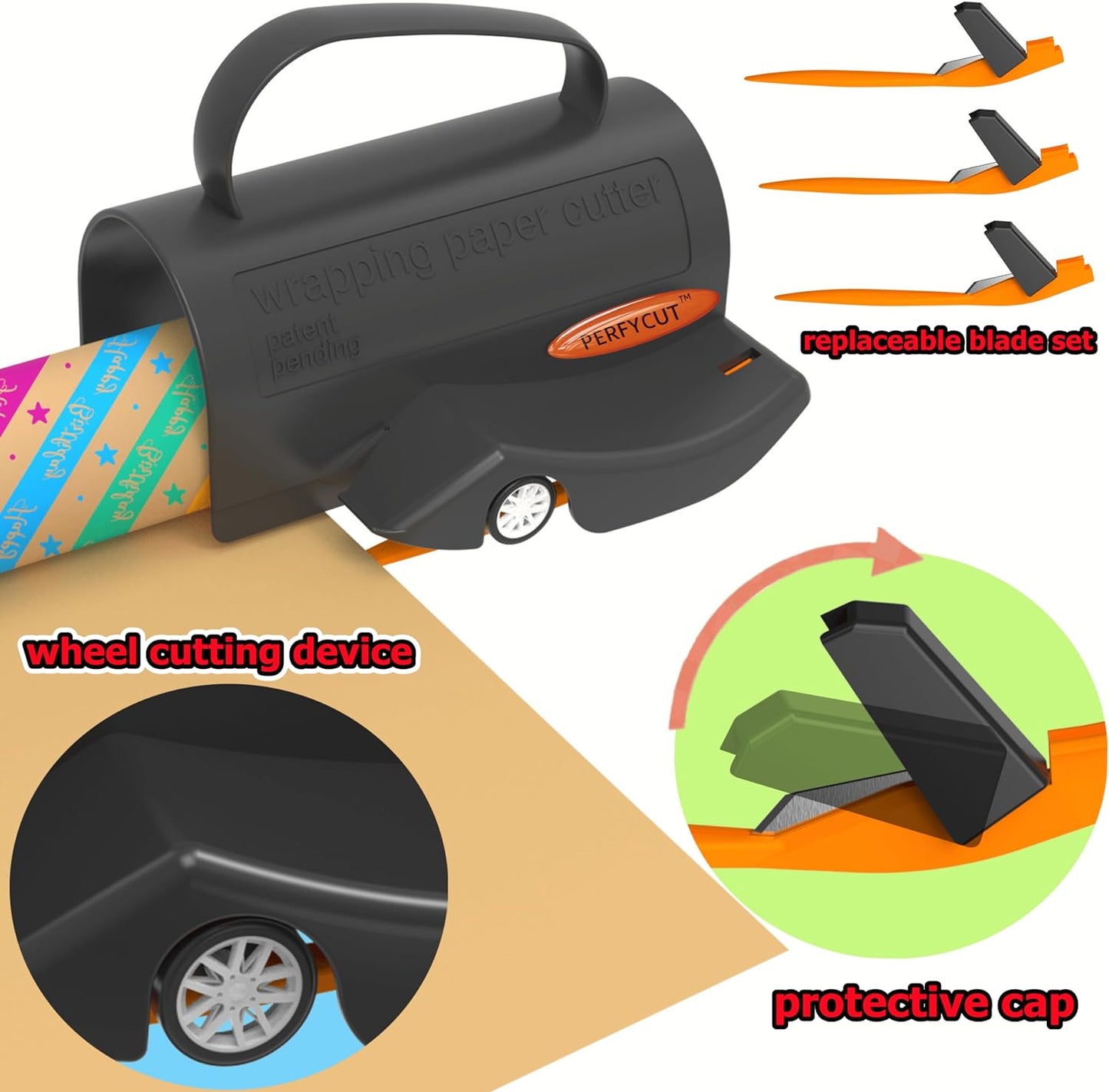 Wrapping Paper Cutter with 3 Replaceable Blade Sets for Birthday Paper Gift Wrapping Paper Roll Cutter and Christmas Wrapping Paper Cutter Tool Tube Holder Slidding Slicing.