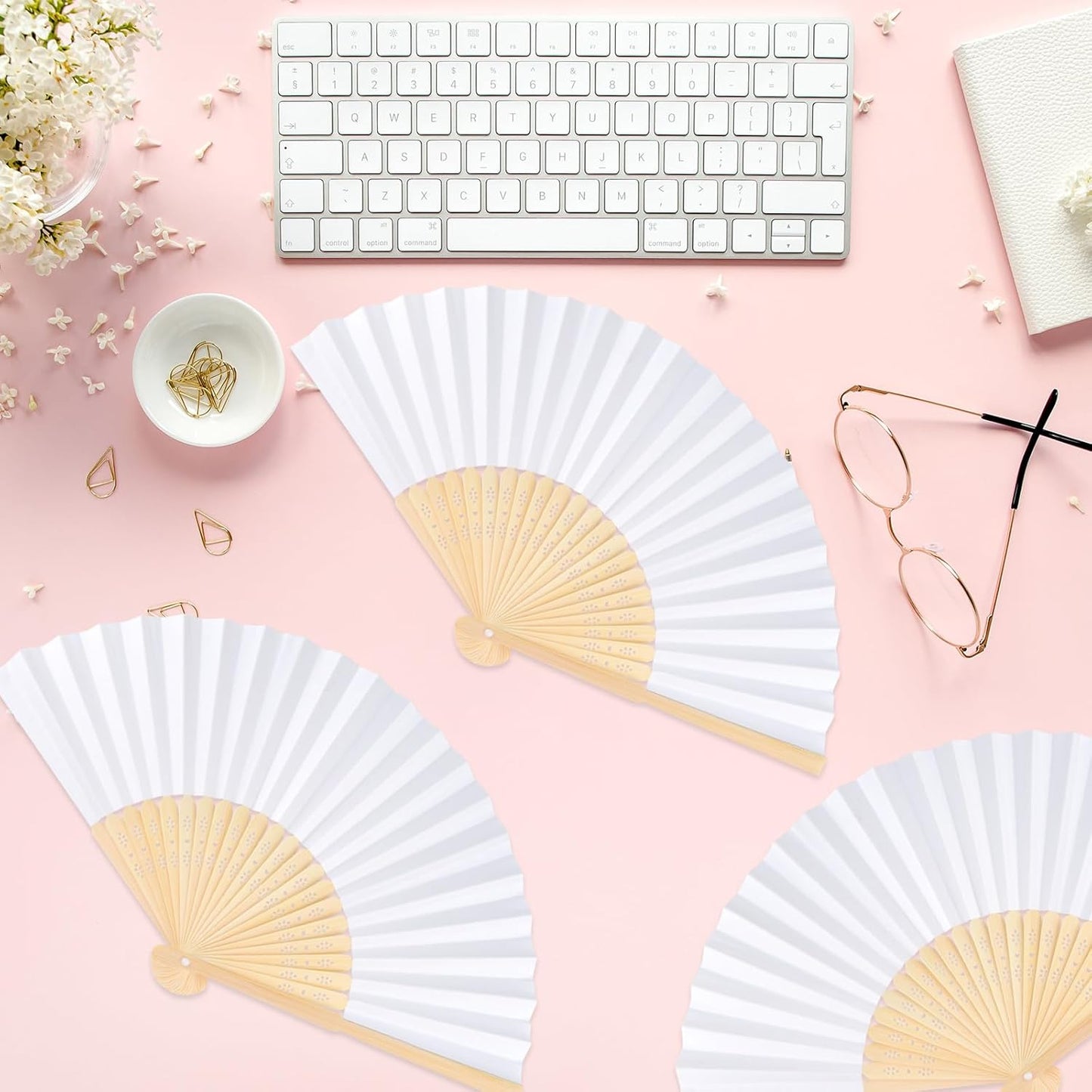 6 Pieces White Hand Held Bamboo Folding Fans Foldable Paper Fans Handheld for Women Girls Wedding DIY Decoration Church Home Party Favors Summer