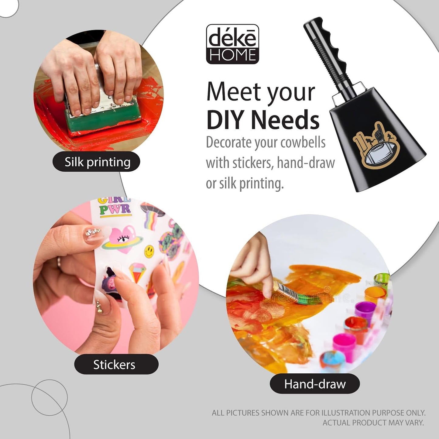 Deke Home - 2 Pack 10 Inch Steel Cowbells with Handle, Loud Noise Makers for Football, Sports, Parties, Competitions, School Spirit & Safety, Large Hand Bell for Cheering & Percussion Instrument