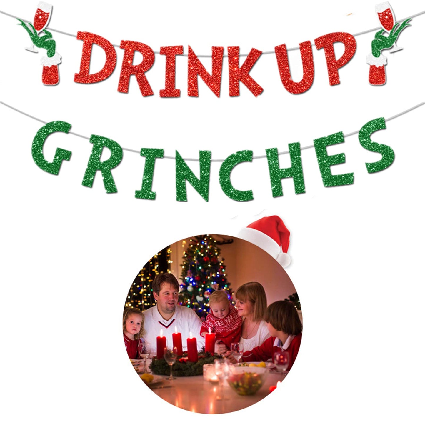 Drink Up Grinches Banner, Glittery Christmas Decorations Banners Winter Holiday Garland Photo Props