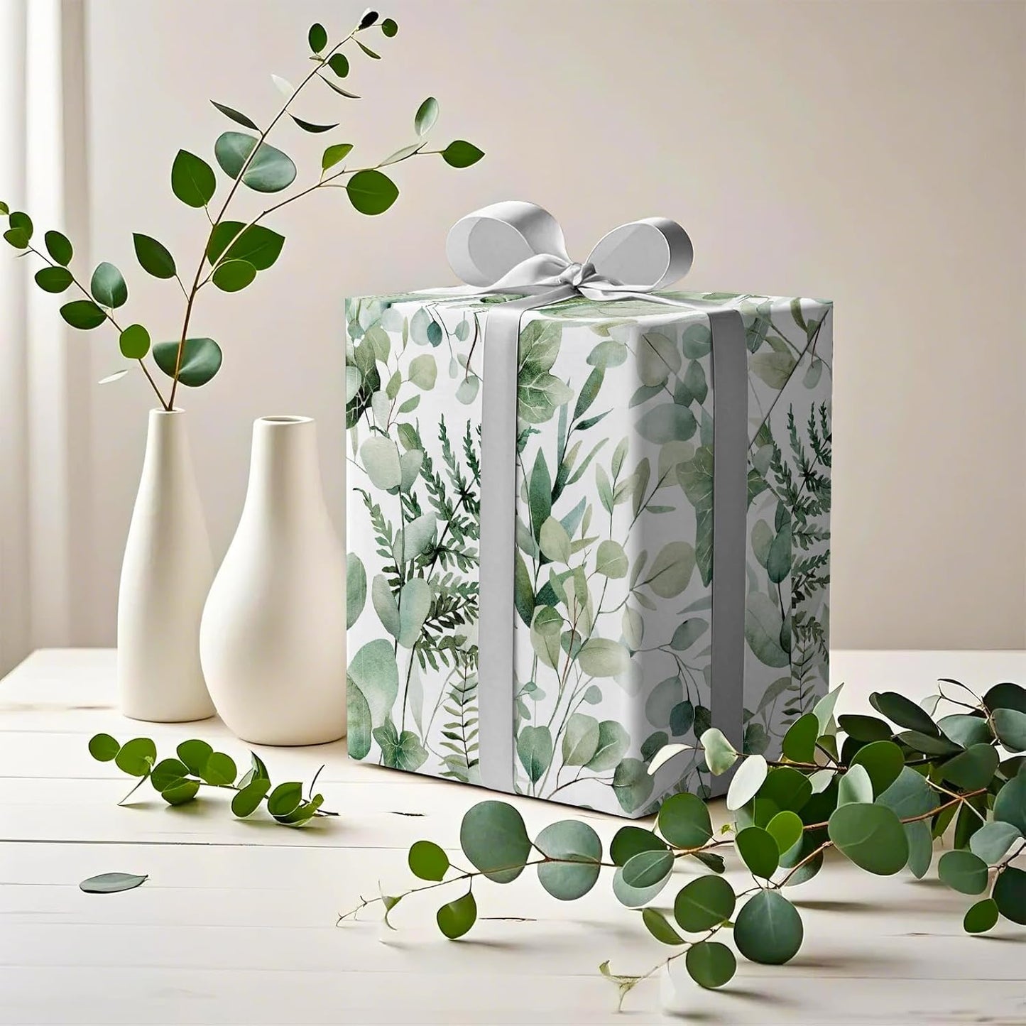 WRAPAHOLIC Eucalyptus Leaves Wrapping Paper Roll - Mini Roll - 17 Inch x 9.8 Feet - Greenery Wrapping Paper Perfect for Birthday, Wedding, Bridal Shower