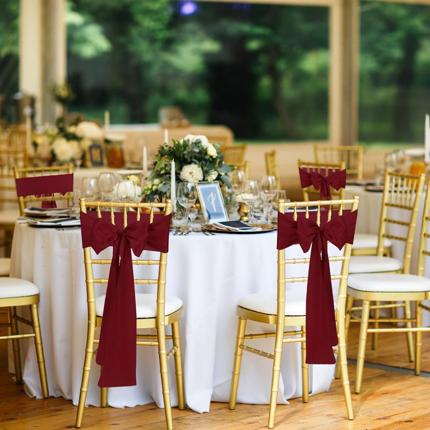 10 PCS Burgundy Satin Chair Sashes Bows Universal Chair Ribbon Ties Back Sash for Wedding Party Reception Events Banquets Hotel Event Chair Cover Decoration (7x108 inch)
