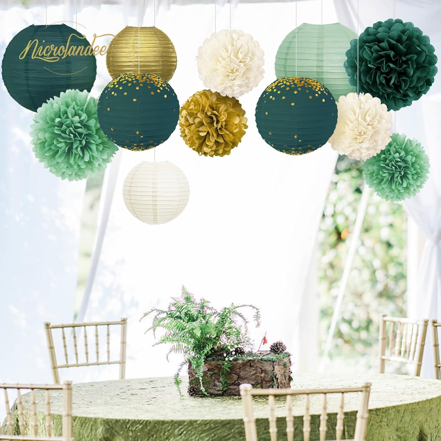 NICROLANDEE Wedding Decorations, 12PCS Hanging Paper Lanterns Tissue Pom Poms Emerald Green Backdrop Decor for Bridal Shower Birthday Baby Shower Green Theme Party Supplies