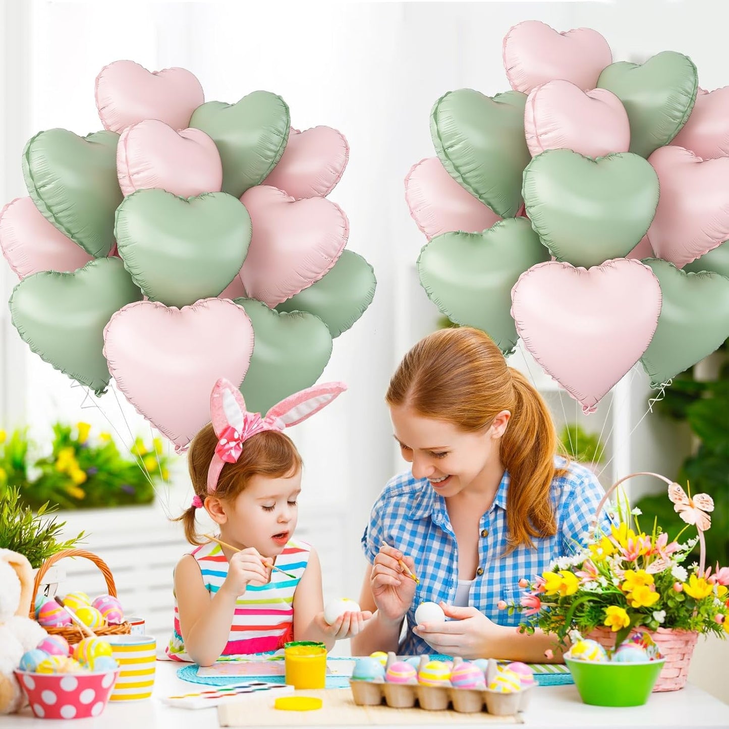 Pink Green Heart Balloons,12Pcs 18Inch Baby Pink Sage Green Heart Shaped Foil Helium Balloons for Baby Shower Birthday Anniversary Wedding Engagement Party Decorations