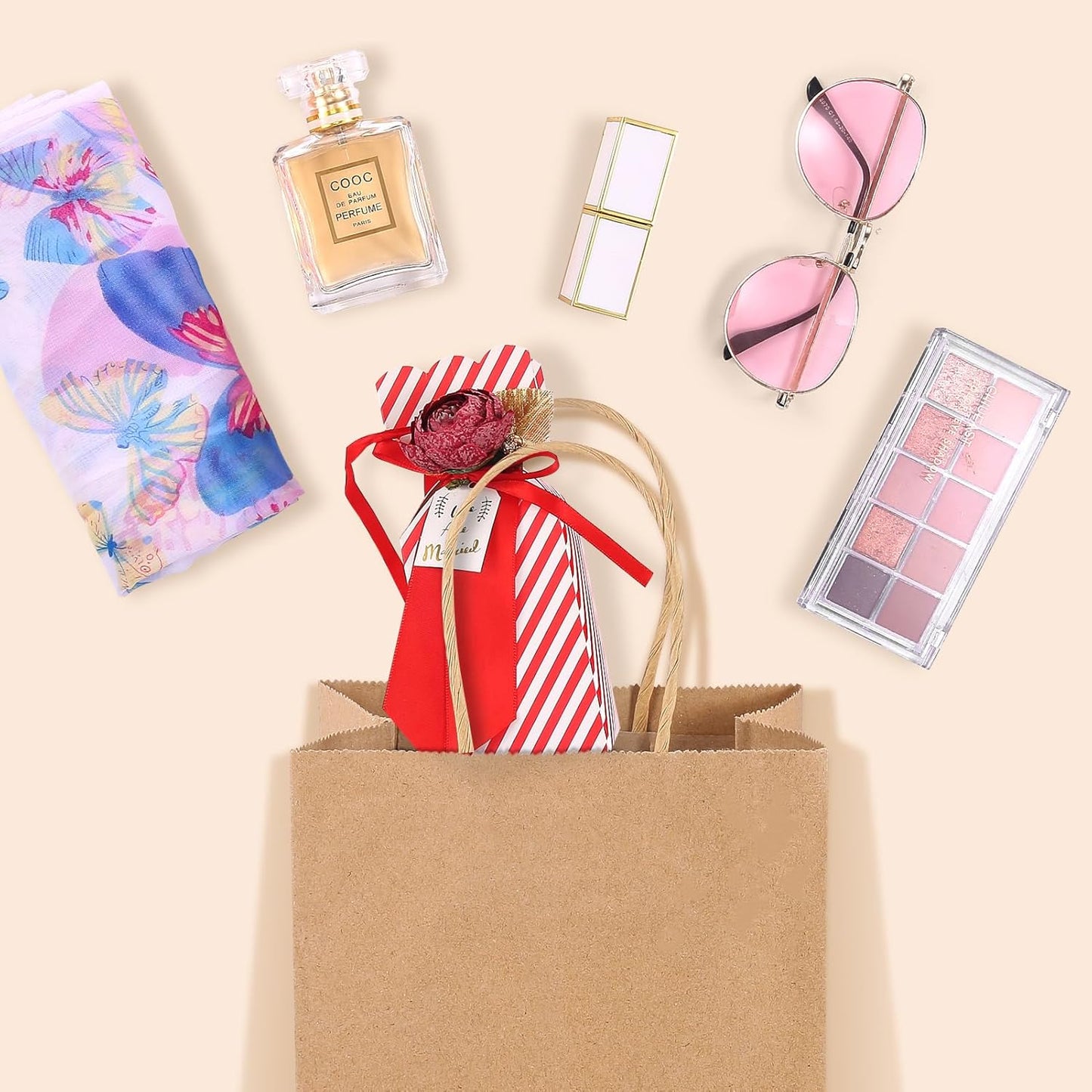 GSSUSA 100 Pack Paper Gift Bags 5.25x3.75x8 Inch Small Brown Paper Bags with Handles Bulk, Brown Kraft Bag for Small Business, Sturdy Grocery Retail Shopping Birthday Party Favor Craft Bag (Made in USA)