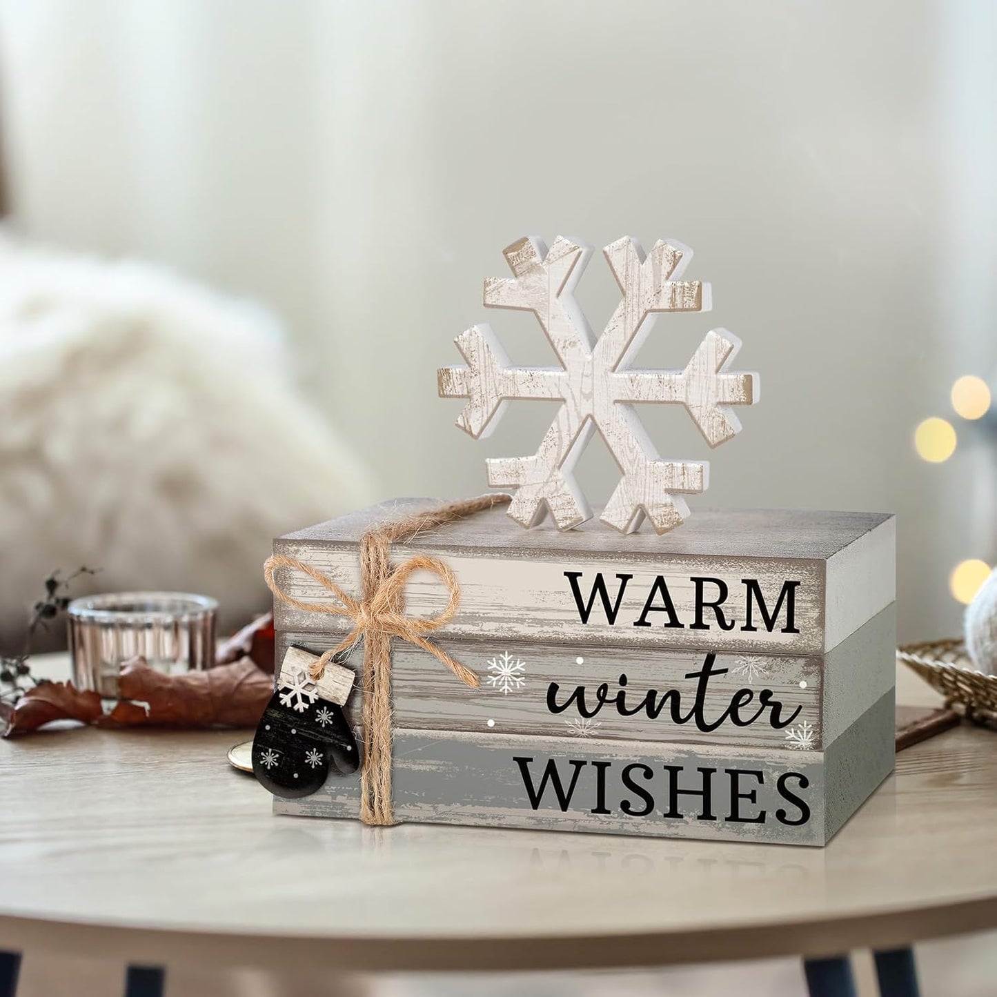4 Pcs Winter Christmas Decor Winter Table Decorations Christmas Tiered Tray Decor Centerpiece Decorations Indoor Rustic Wooden Snowflake Block Sign Gift Farmhouse for Home Kitchen Shelf