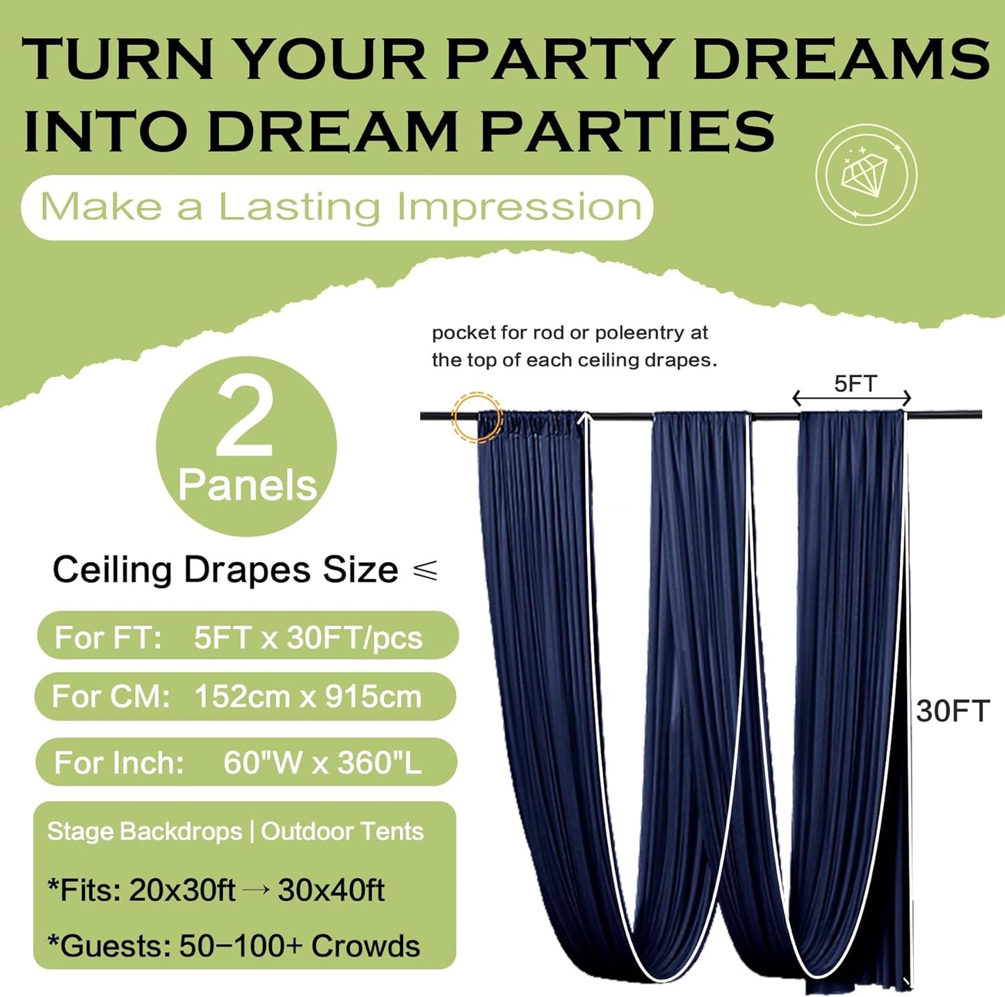 PartyVillage 2 Panels 5ftx30ft Navy Blue Ceiling Drapes for Wedding Parties โ 30 FT Extra Long Thick Polyester Wrinkle-Free Drapery Tent Decor Decorations for Birthday Party Ceremony Stage Swag