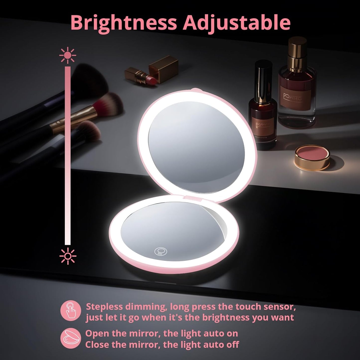Fabuday Travel Compact Magnifying Makeup Mirror with Lights - Large 4.8'' Wide Led Lighted Portable Mirror with 1x/20x Magnification, Rechargeable Small Foldable 3 Color Lighting Mirrors, Pink