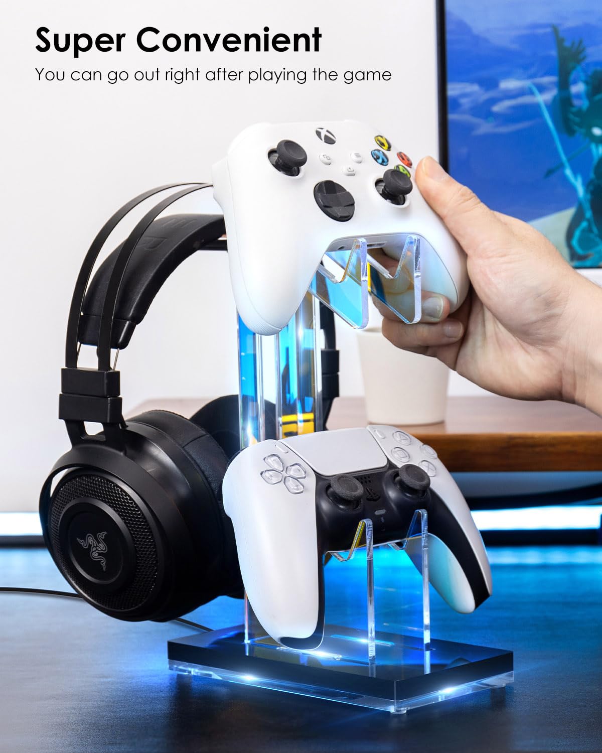 OAPRIRE Headset and Controller Stand with Lights, 2 Tier Acrylic Game Controller Holder, Controller and Headset Stand for Desktop,Universal Design Compatible with PS5/PS4/XBOX/SWITCH (Black)