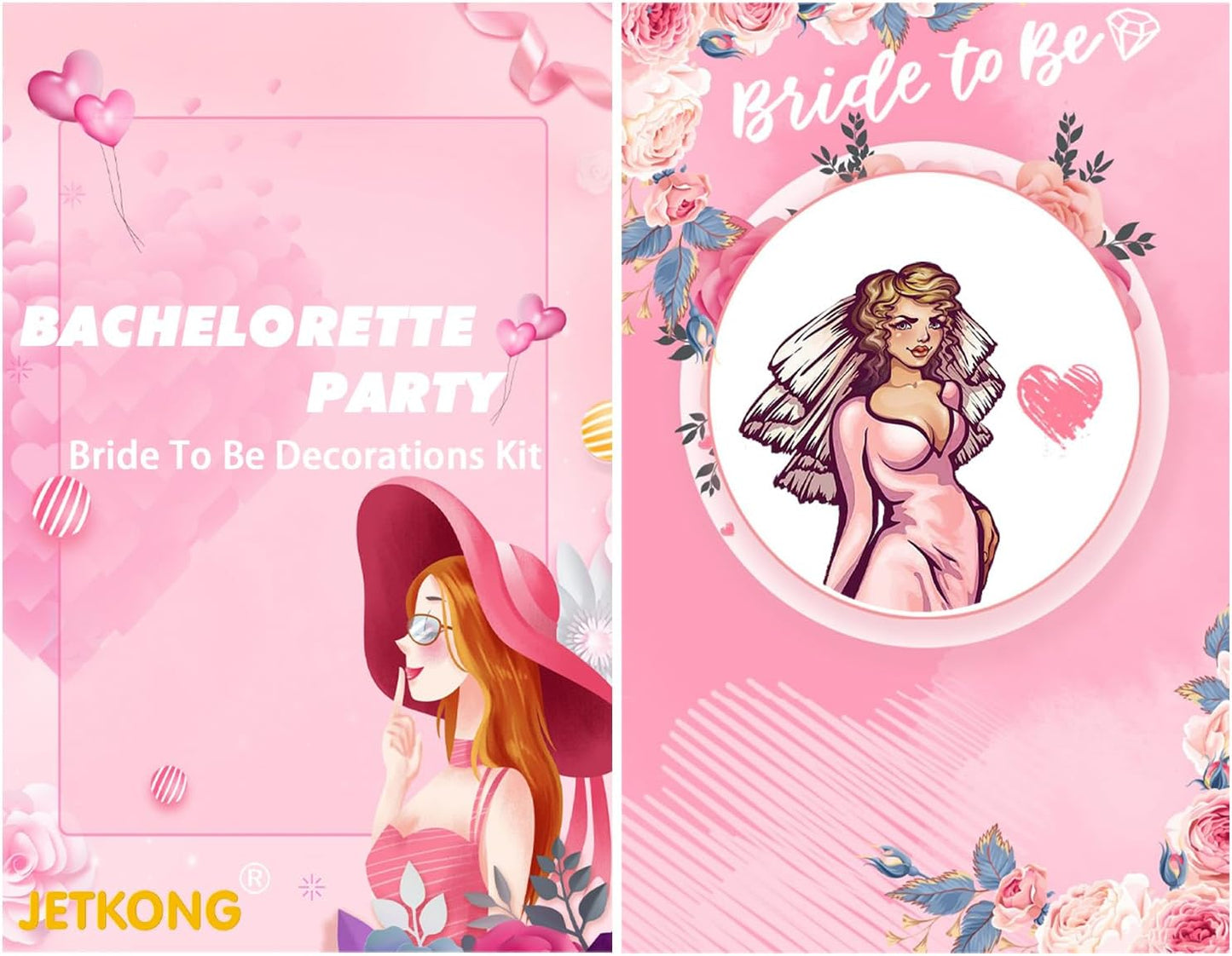 JETKONG 3 Pcs Bachelorette Party Decorations Bridal Shower Crown, Bride to Be Sash&Veil for Women Bachelorette Party Gifts, Bachelorette Party Supplies, Gifts, Favors (Pink)