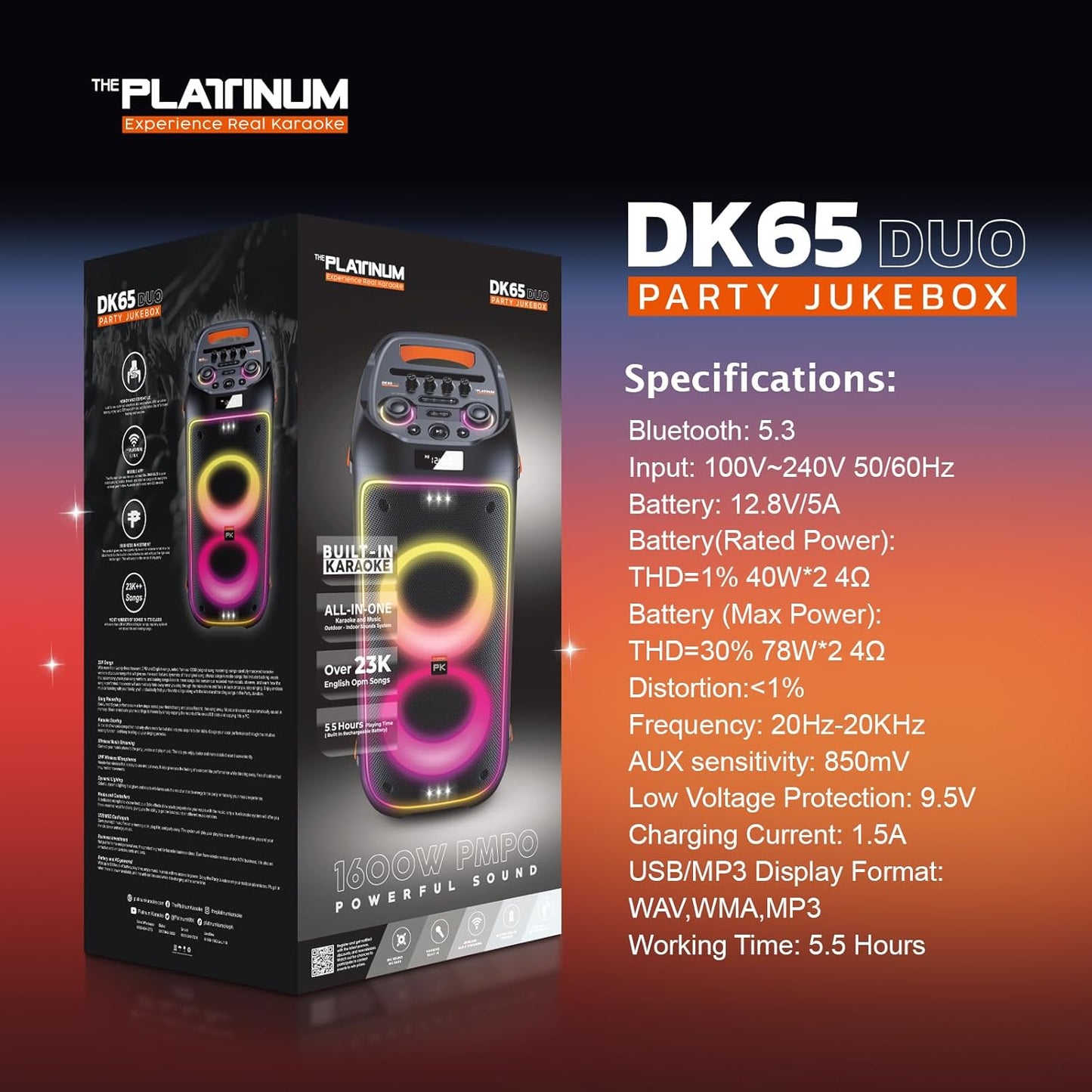 The Platinum DK65 Bluetooth Party Speaker, Karaoke Machine for Adults with 2 Wireless Microphones and Powerful bass & subwoofer, RGB Lights, Features Over 23k Songs for Outdoor & Home