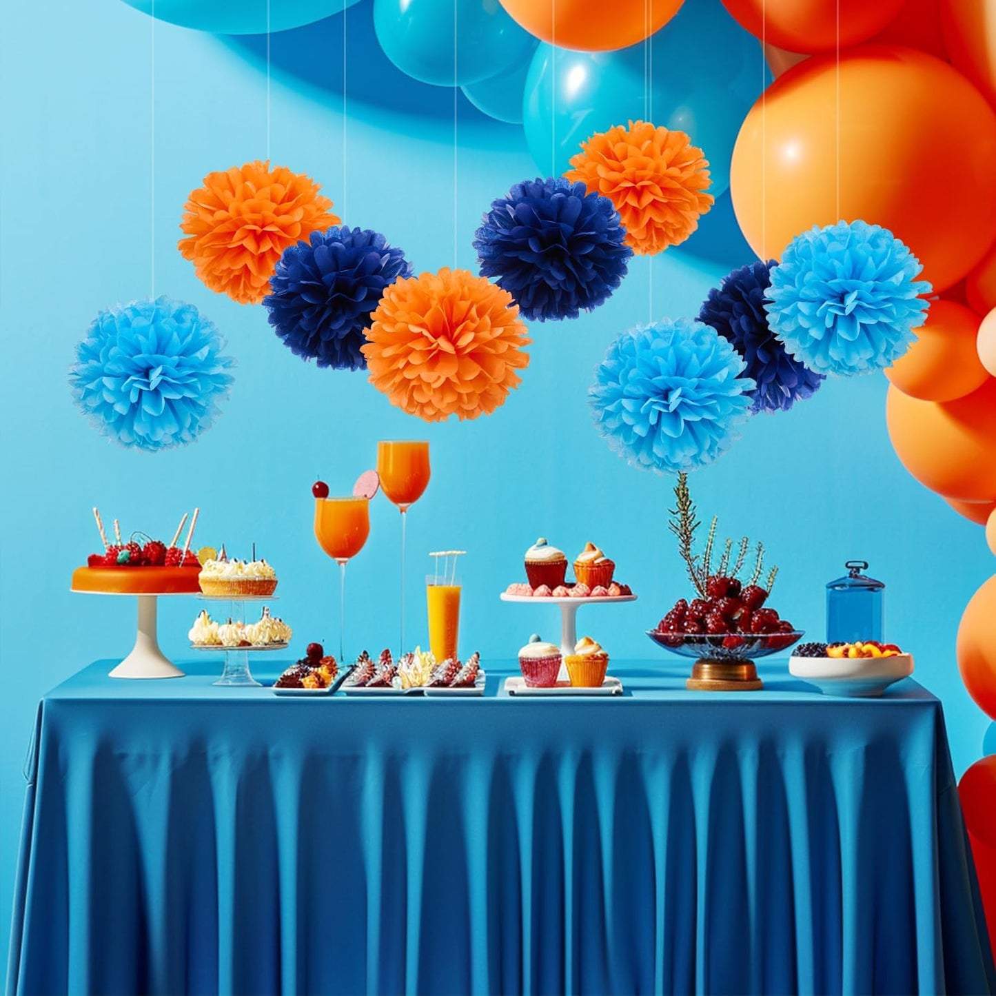 WEVEN Tissue Pom Poms Tissue Paper Flowers Tissue Fluff Balls Party Decorations 12-Inch Pack of 12 (Orange, Blue)