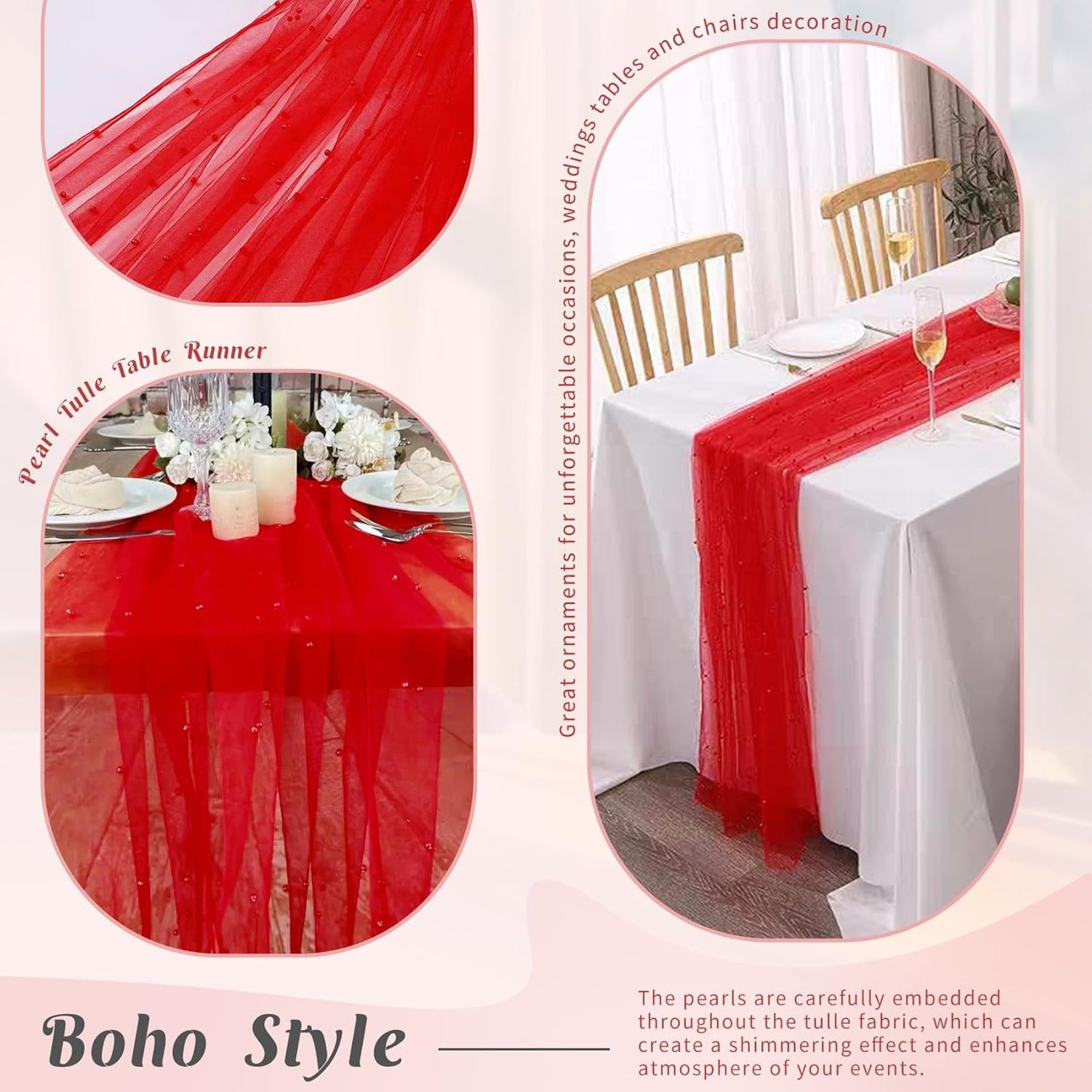 Pearl Table Runner 29 x 120 Inch Tulle Fabric Lace Table Runners Boho Rustic Tablecloth for Bridal Shower Birthday Party Wedding Arch Aisle Veil Dessert Table Decor(1 Pack, Red)