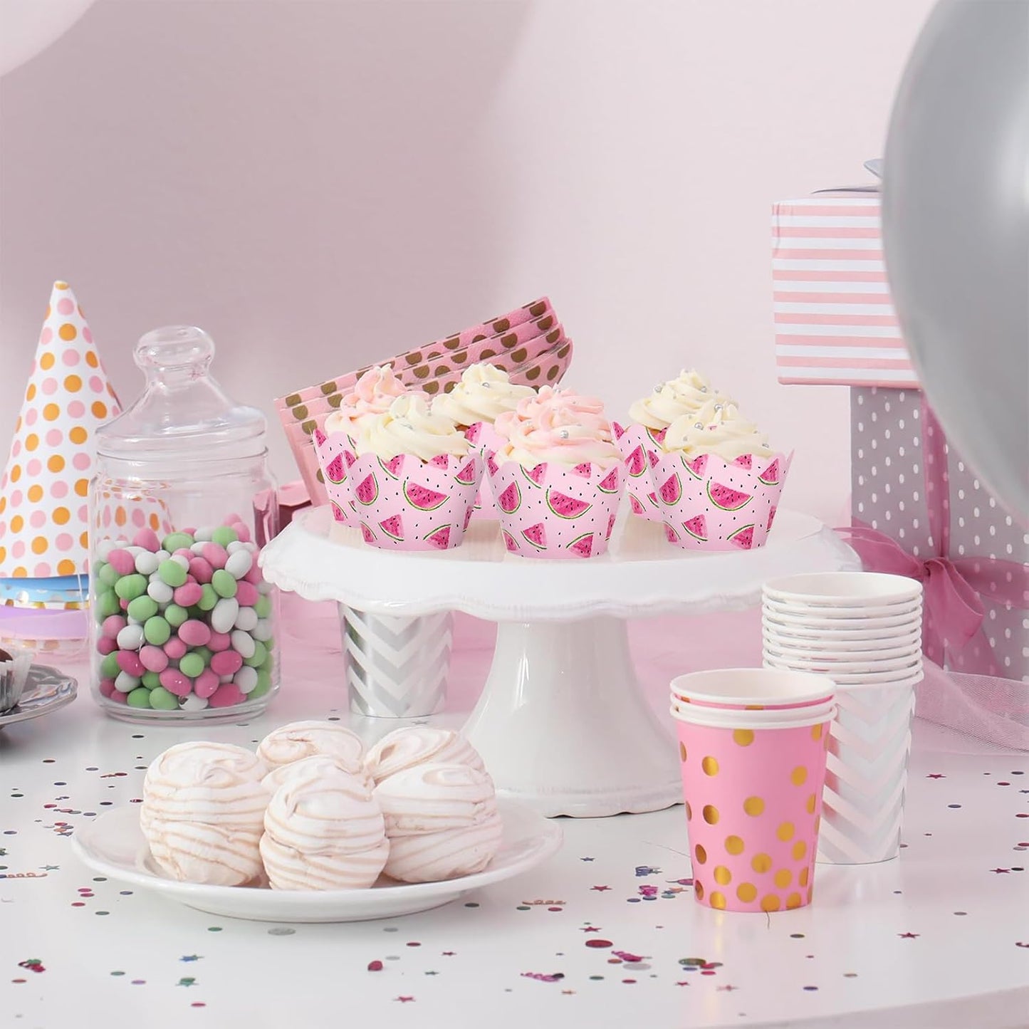Whaline 36Pcs Watermelon Cupcake Wrappers Watercolor Pink Watermelon Cupcake Liners Decorative Cupcake Holders for Birthday Baby Shower Summer Dessert Decor
