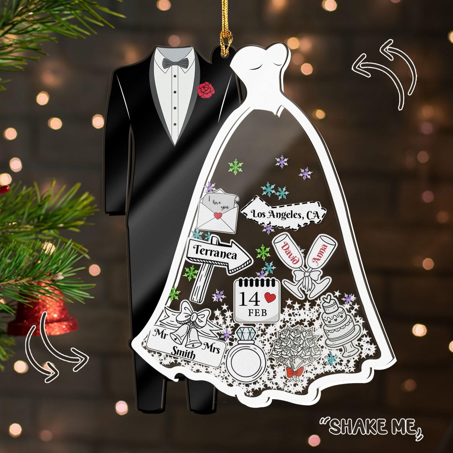 Personalized Wedding Shake Ornament, Custom Bride and Groom Christmas Ornament, First Christmas Married Keepsake Ornament, Newlywed Engagement Gift, Bridal Shower Decoration for Couples