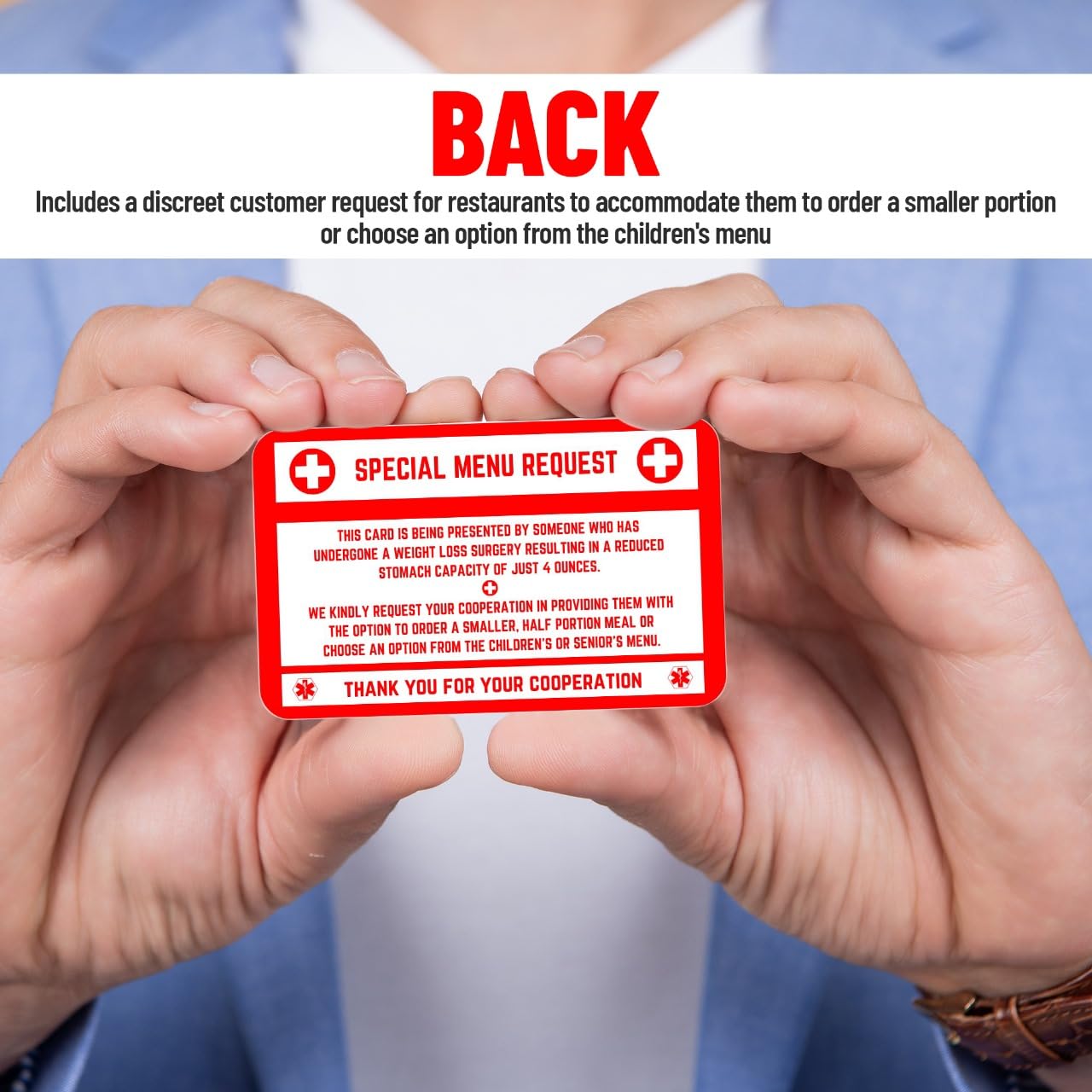 Bariatric Card for Restaurants, Special Menu Request Card, Portion Control Restaurant Request for Bariatric or Gastric Sleeve Patients, Wallet Sized, Set of 2 (5, Red, 3.375in x 2.125in)